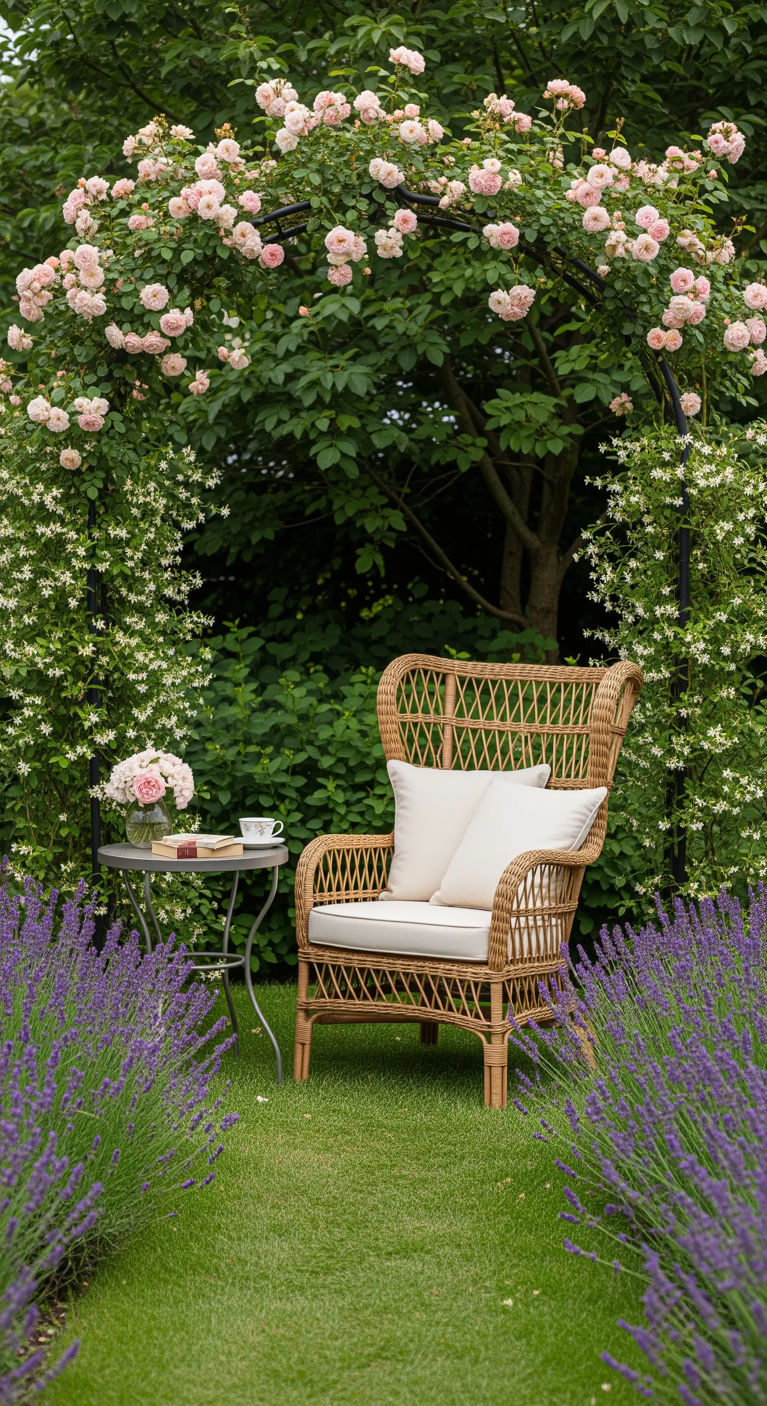 Poltrona in vimini sotto un arco di rose, con un tavolino da caffè, tra filari di lavanda.