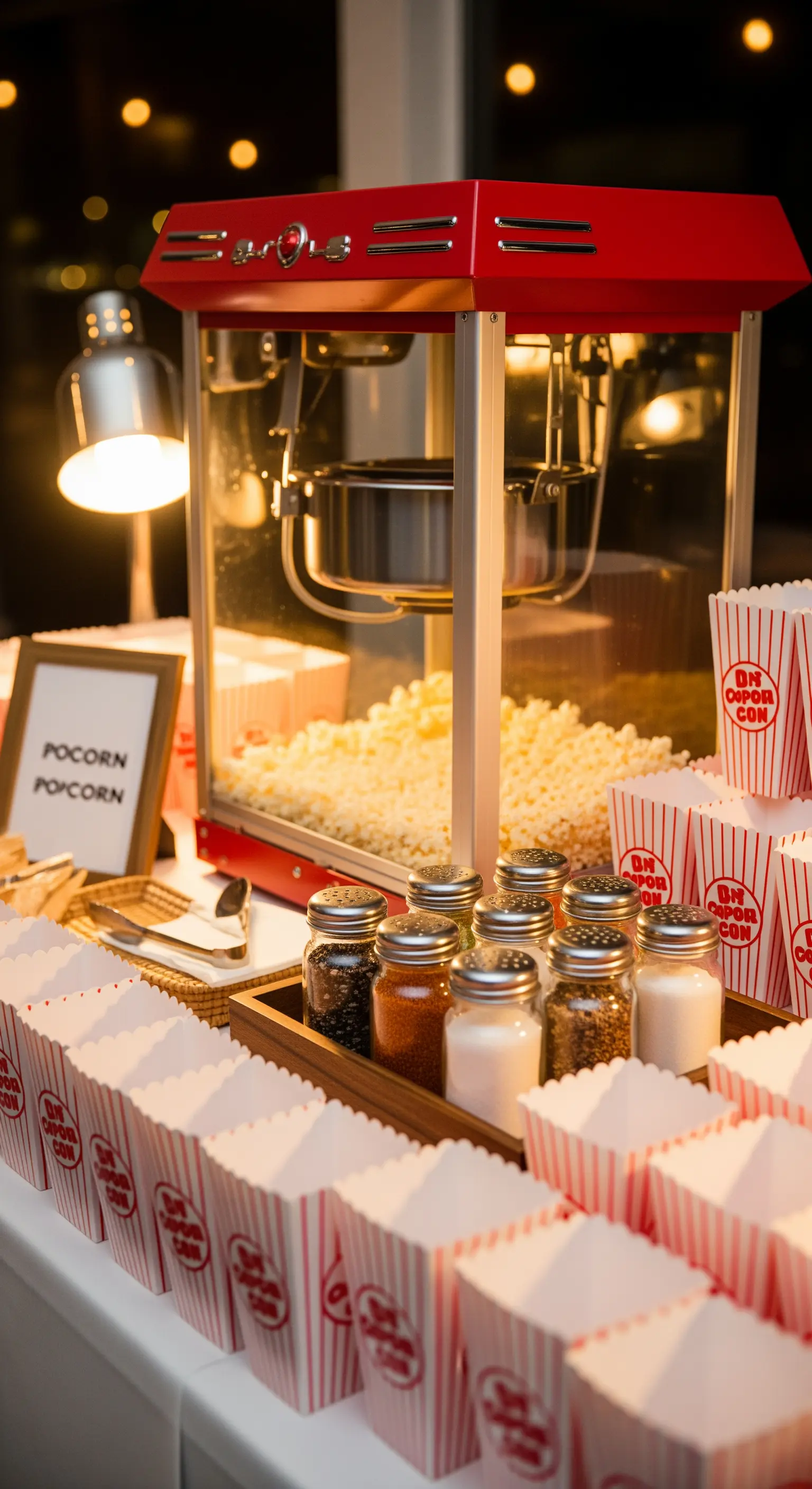 Stazione popcorn con macchina rossa vintage, sacchetti a righe e condimenti in barattoli.
