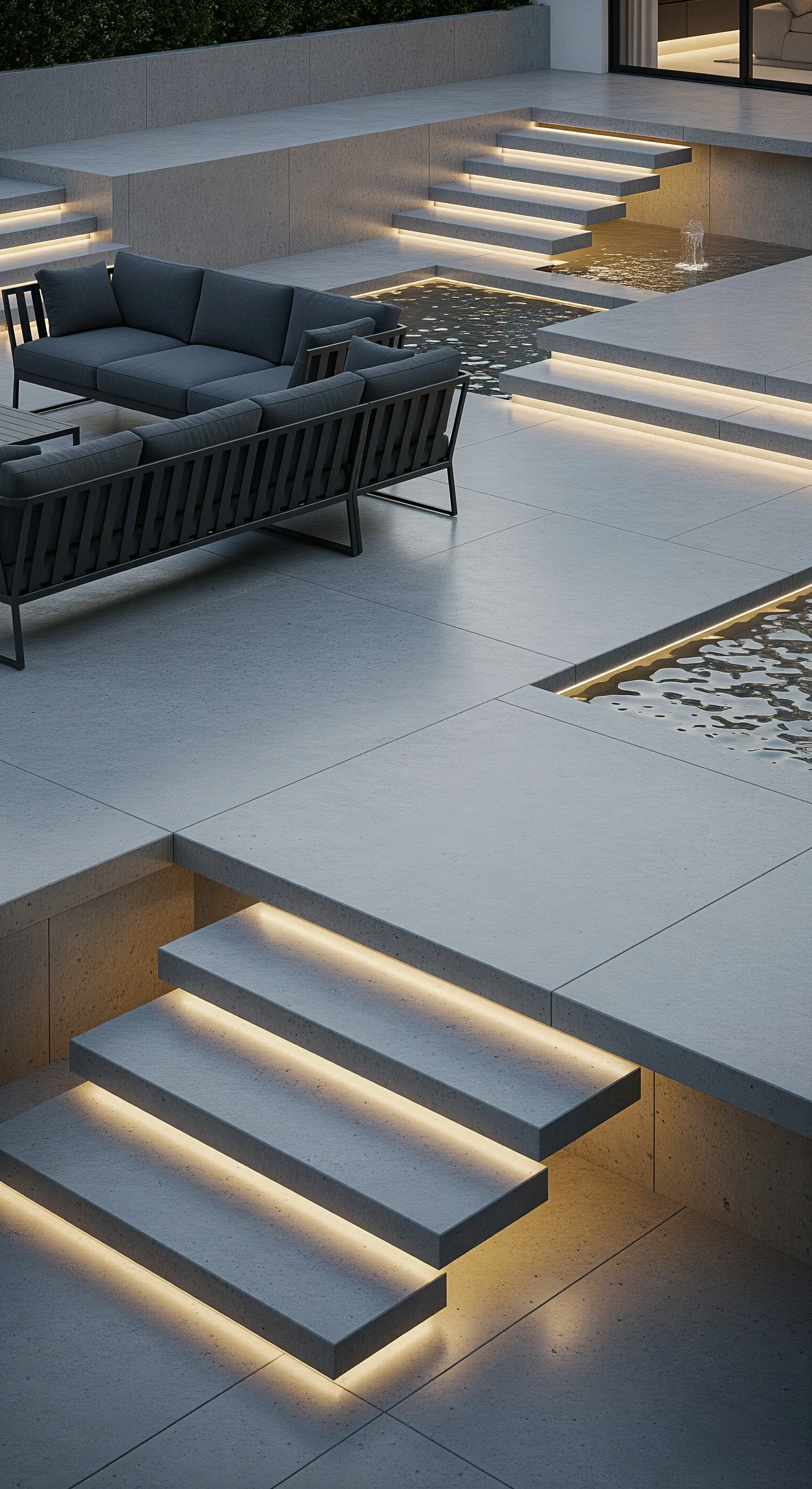 Patio moderno su più livelli in cemento, con canali d'acqua e gradini illuminati.