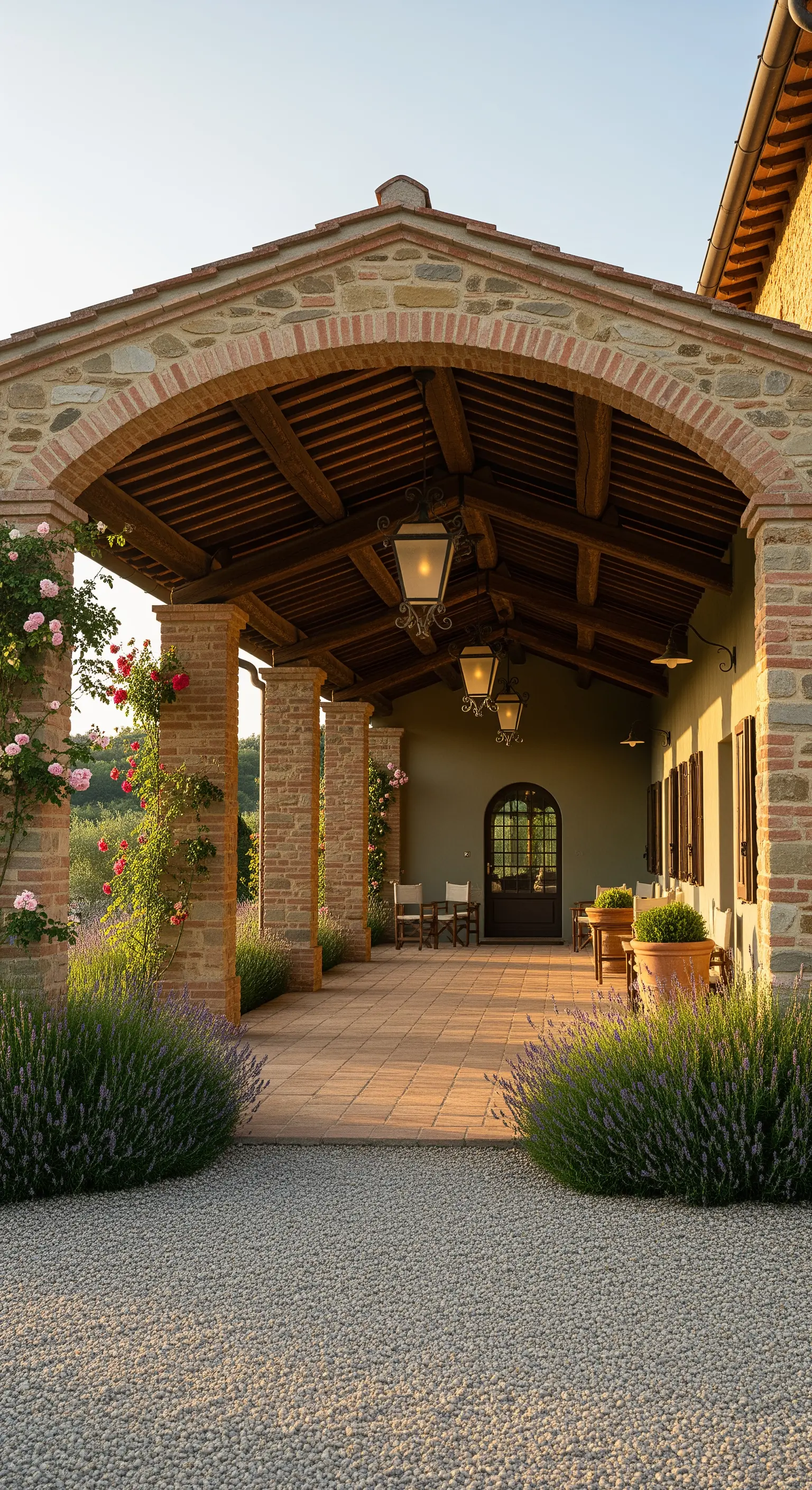 Portico in stile rustico toscano con colonne in pietra, pavimento in cotto e rose rampicanti