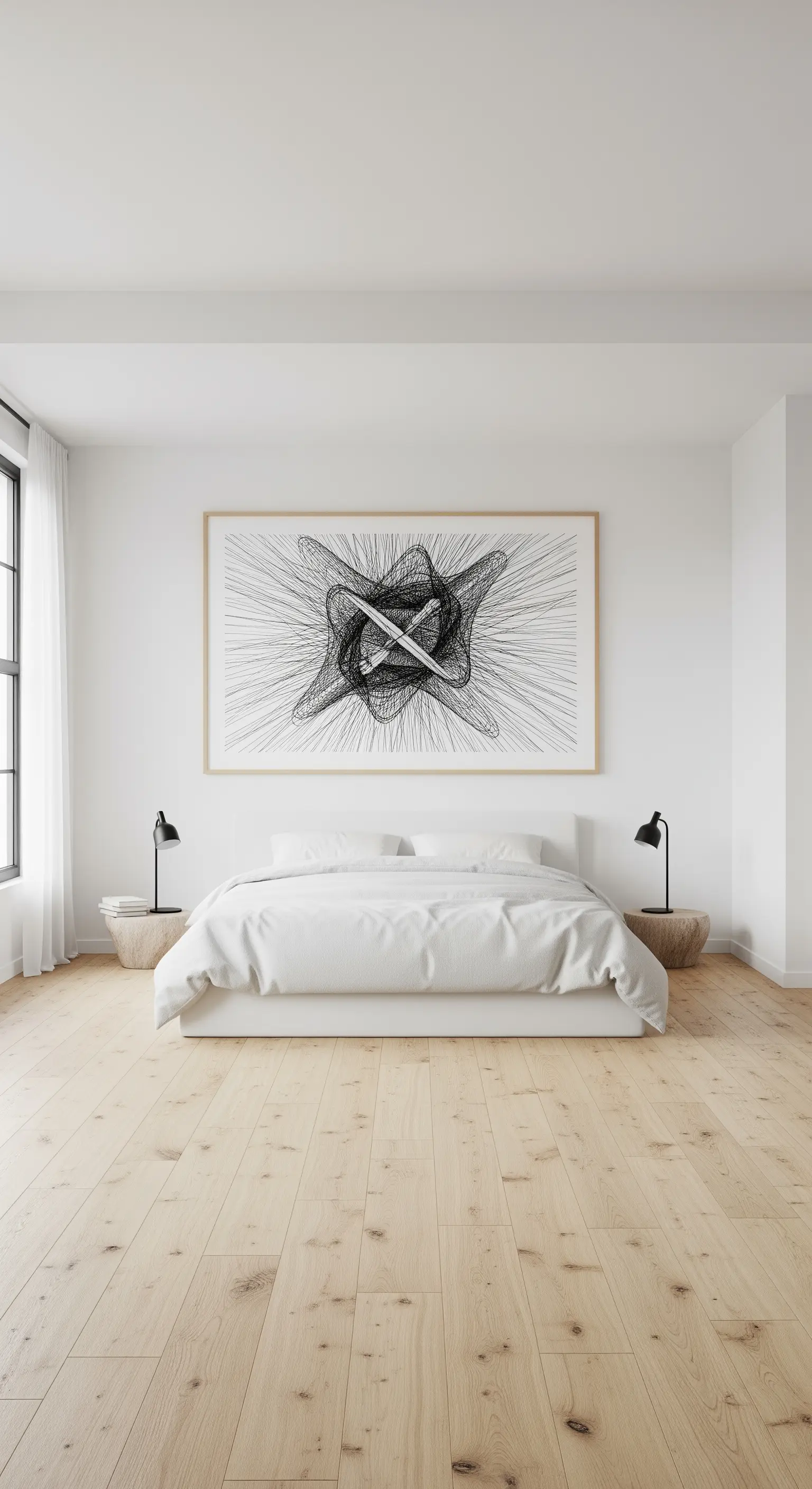 Grande quadro astratto in bianco e nero appeso sopra un letto minimalista.