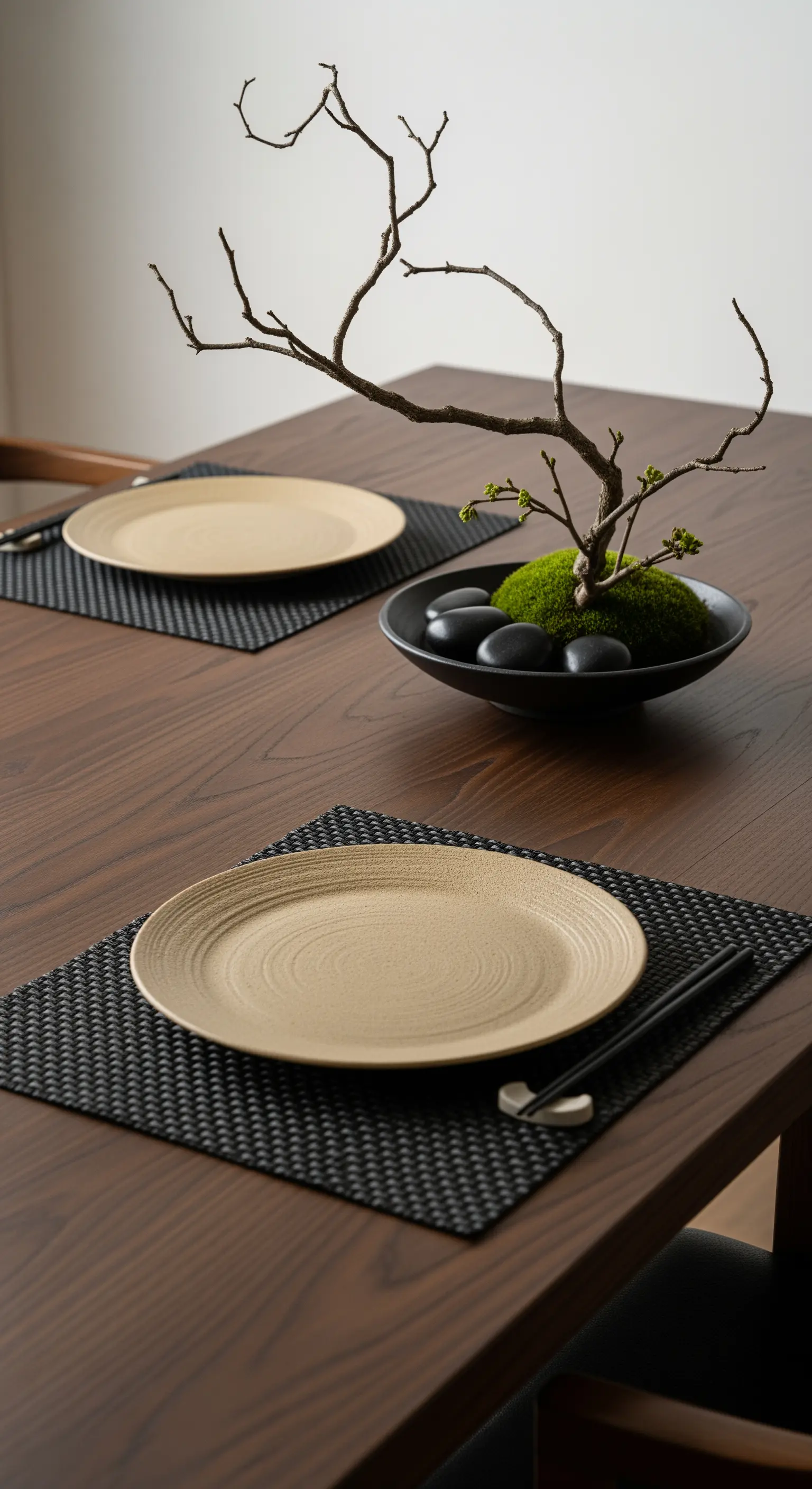 Centrotavola in stile kokedama con muschio, pietre e un ramo secco.