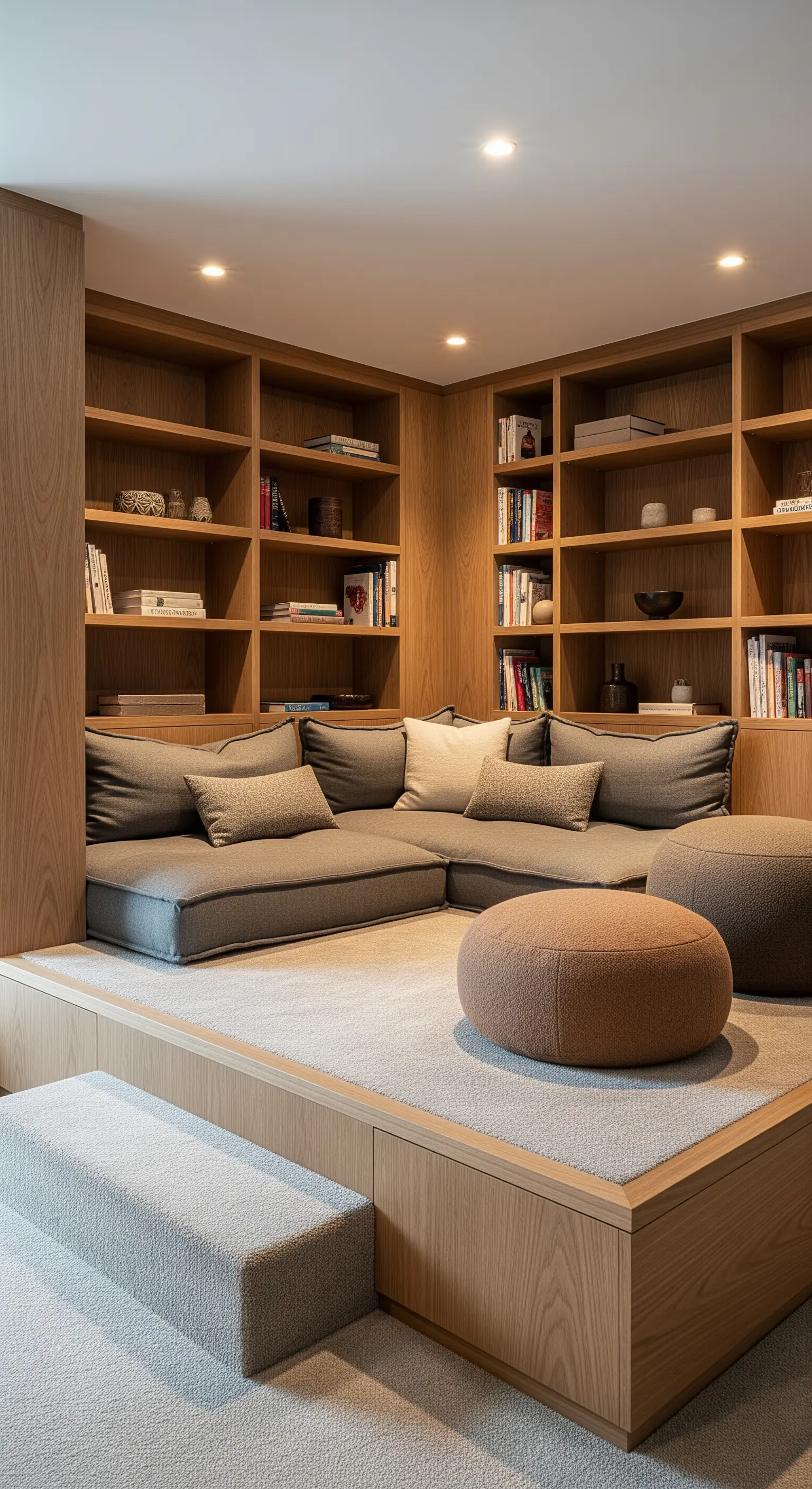 Area lettura su una pedana in legno, con divano e librerie integrate su misura.