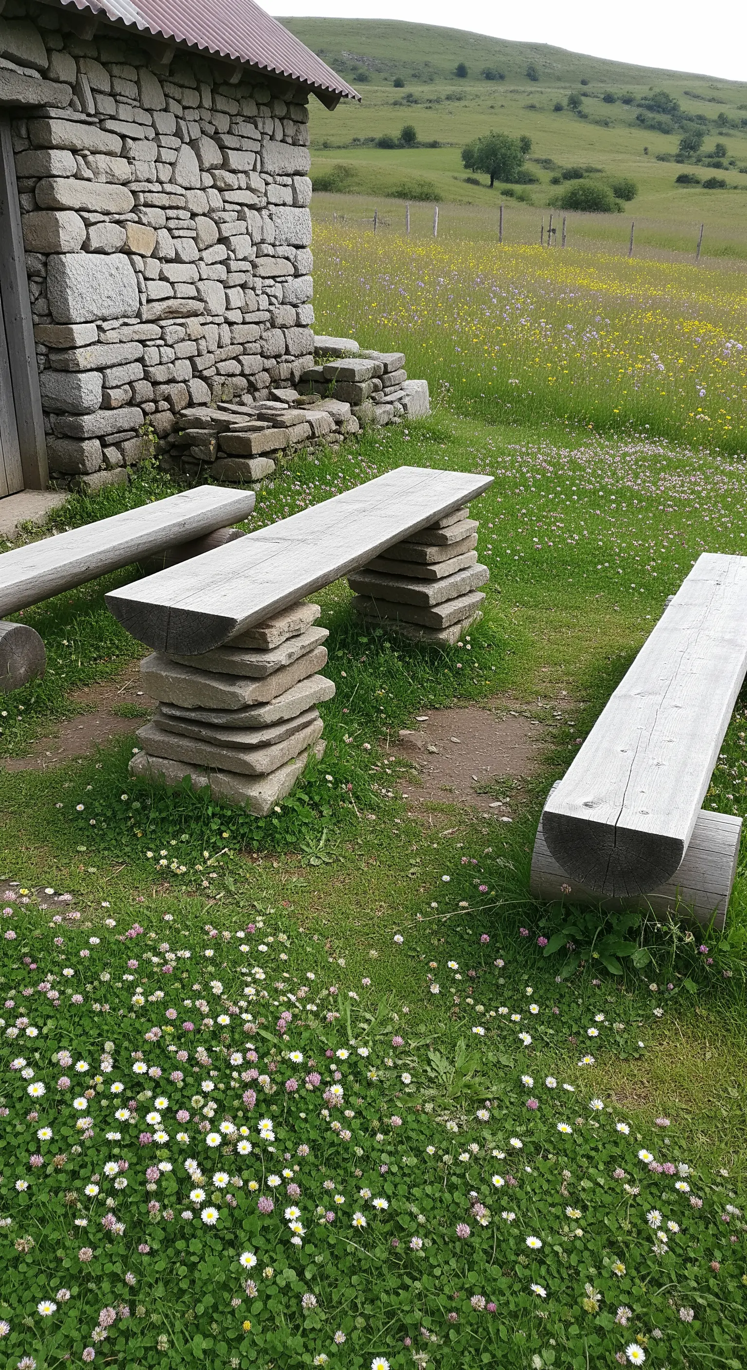 Panche rustiche realizzate con assi di legno appoggiate su tronchi e pietre impilate.