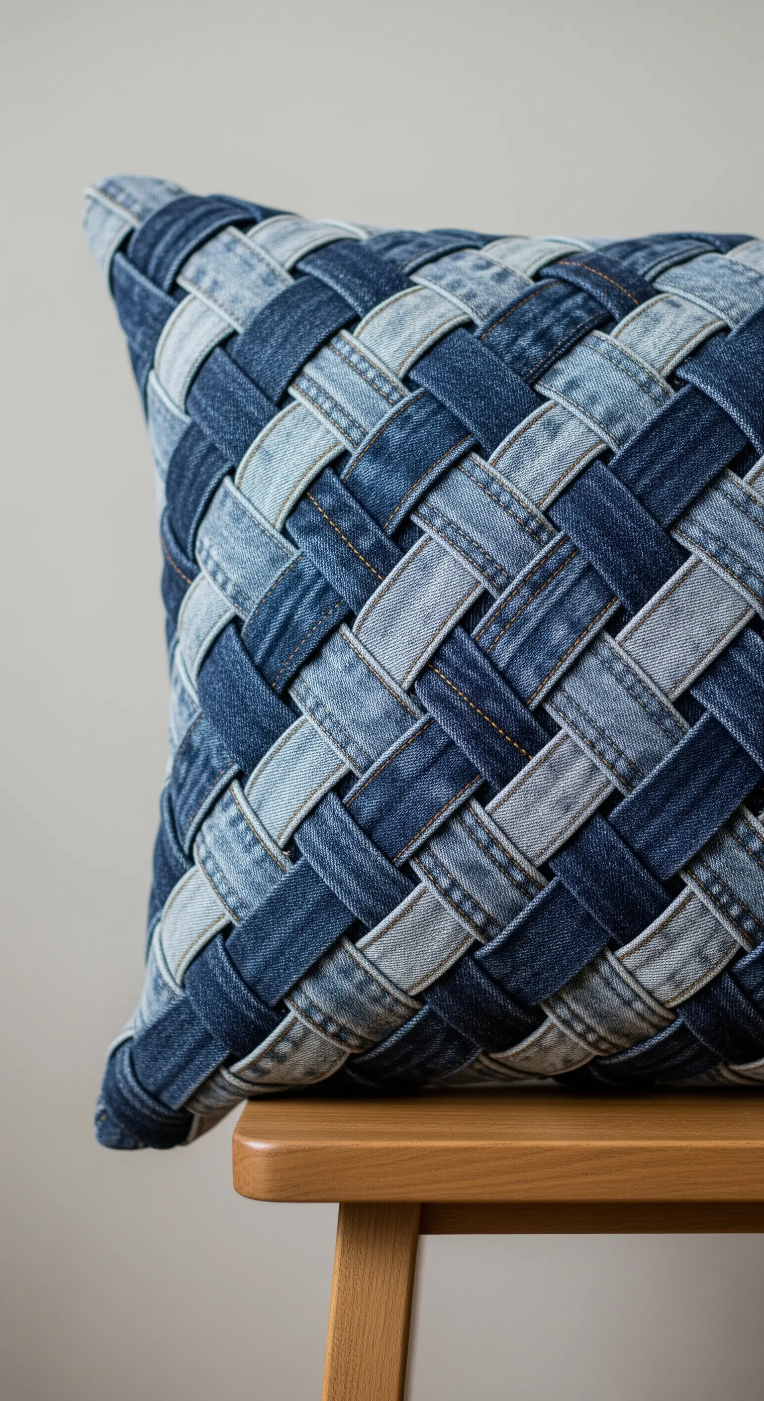 Dettaglio di un cuscino realizzato con strisce di jeans intrecciate diagonalmente.