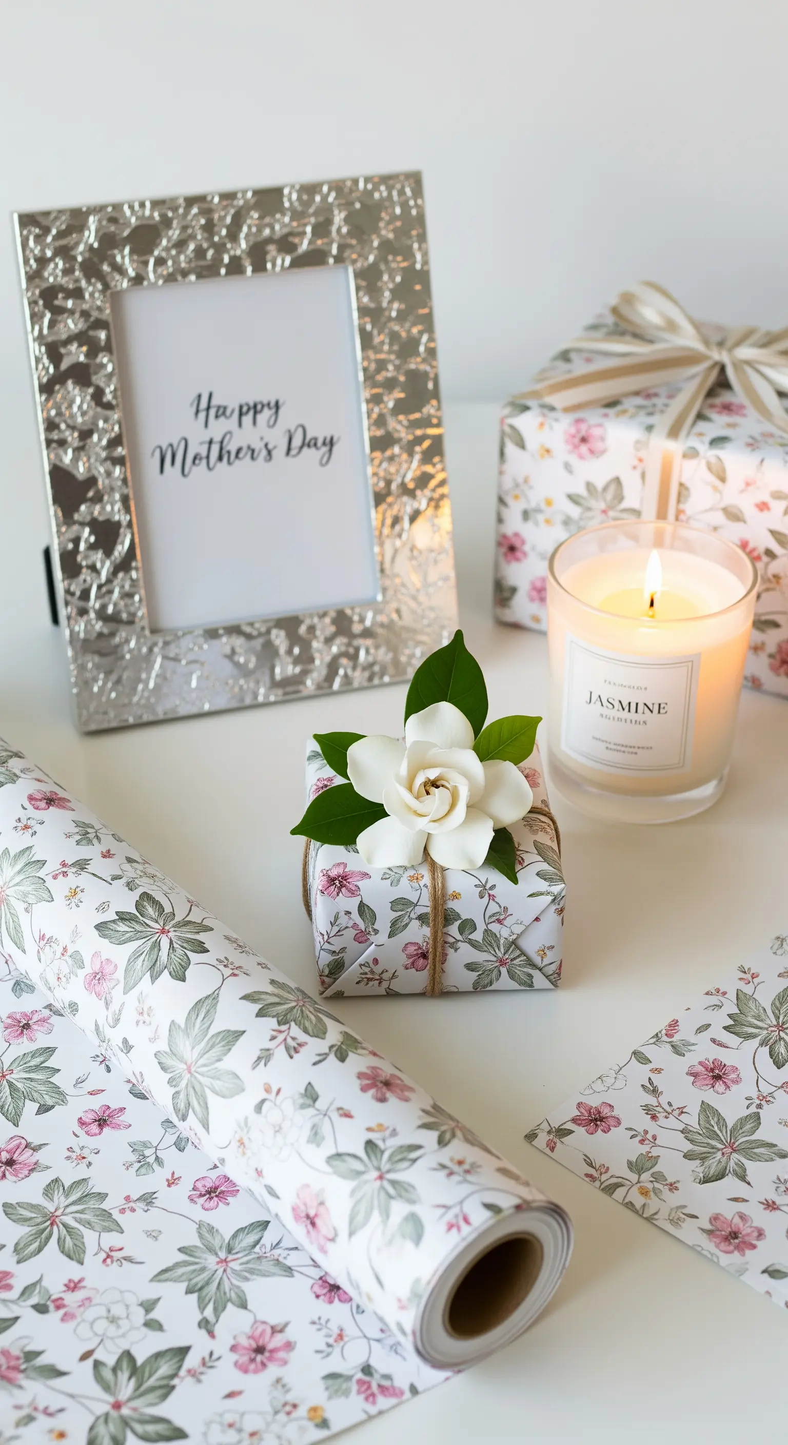 Pacchetto regalo con carta floreale, decorato con un fiore fresco e spago, accanto a una candela.