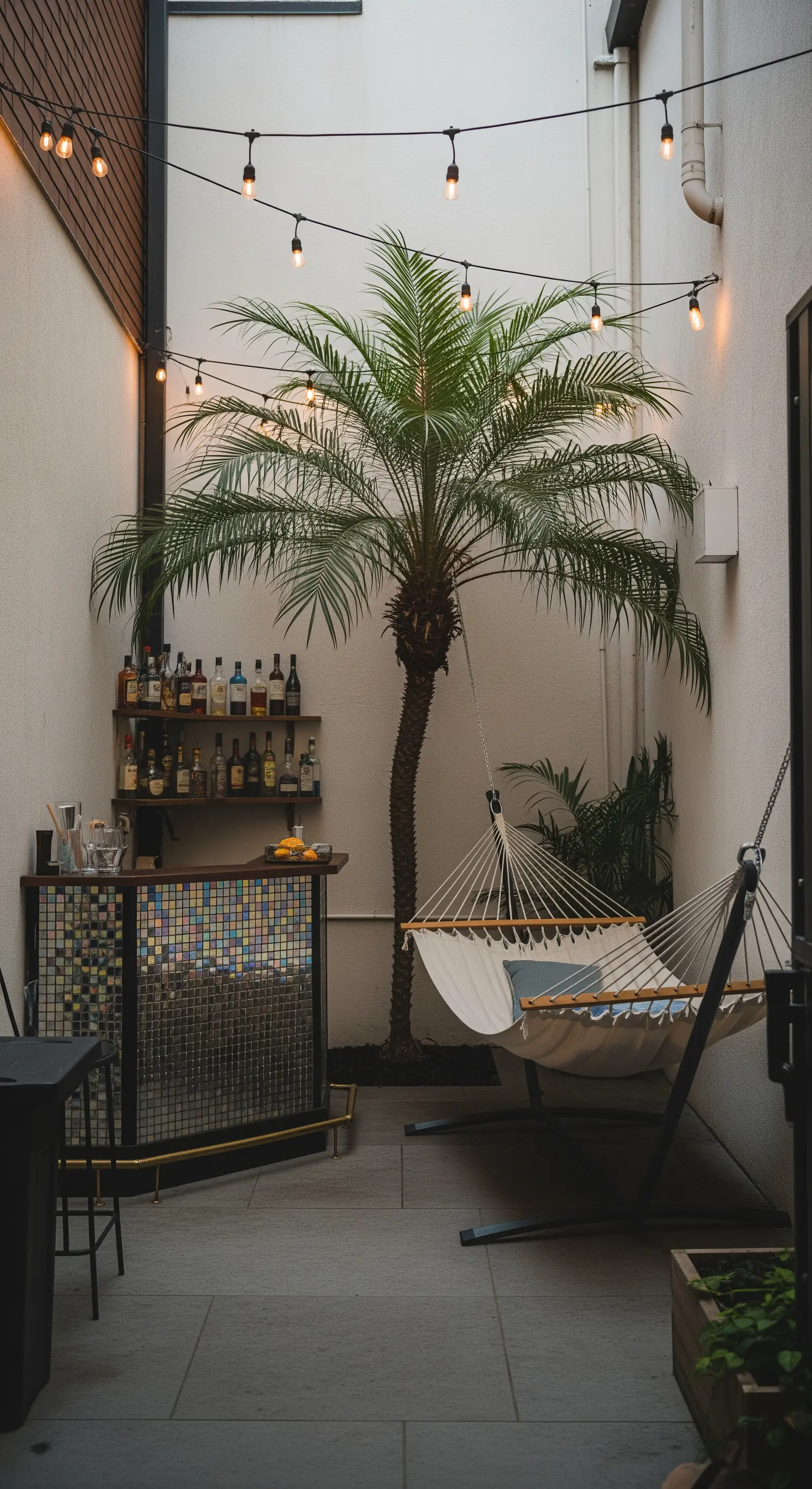 Cortile stretto con un piccolo bar, una palma, un'amaca e fili di luci sospese.