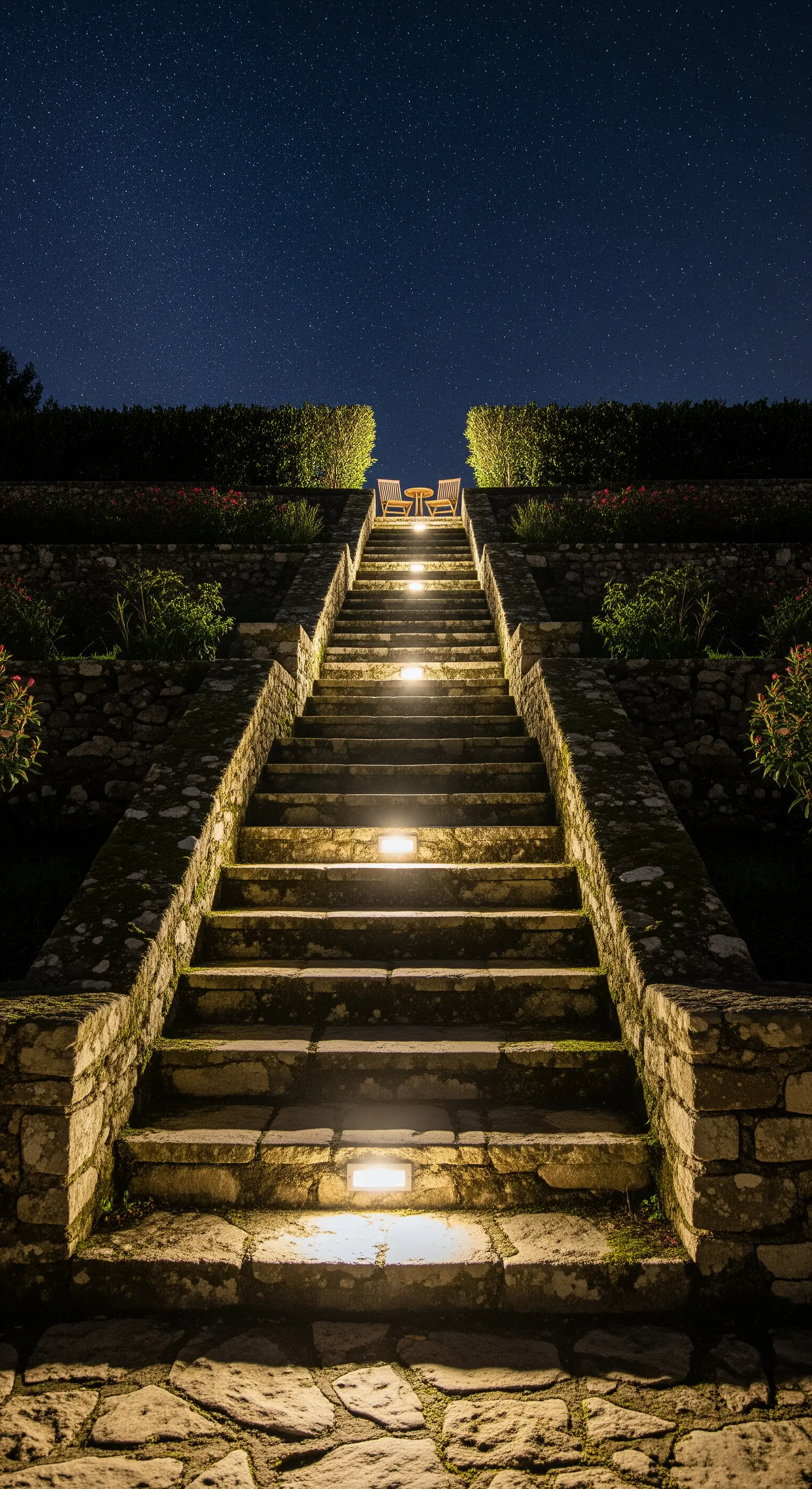 Lunga scalinata in pietra illuminata da segnapassi, che conduce a due sedie sotto un cielo stellato.