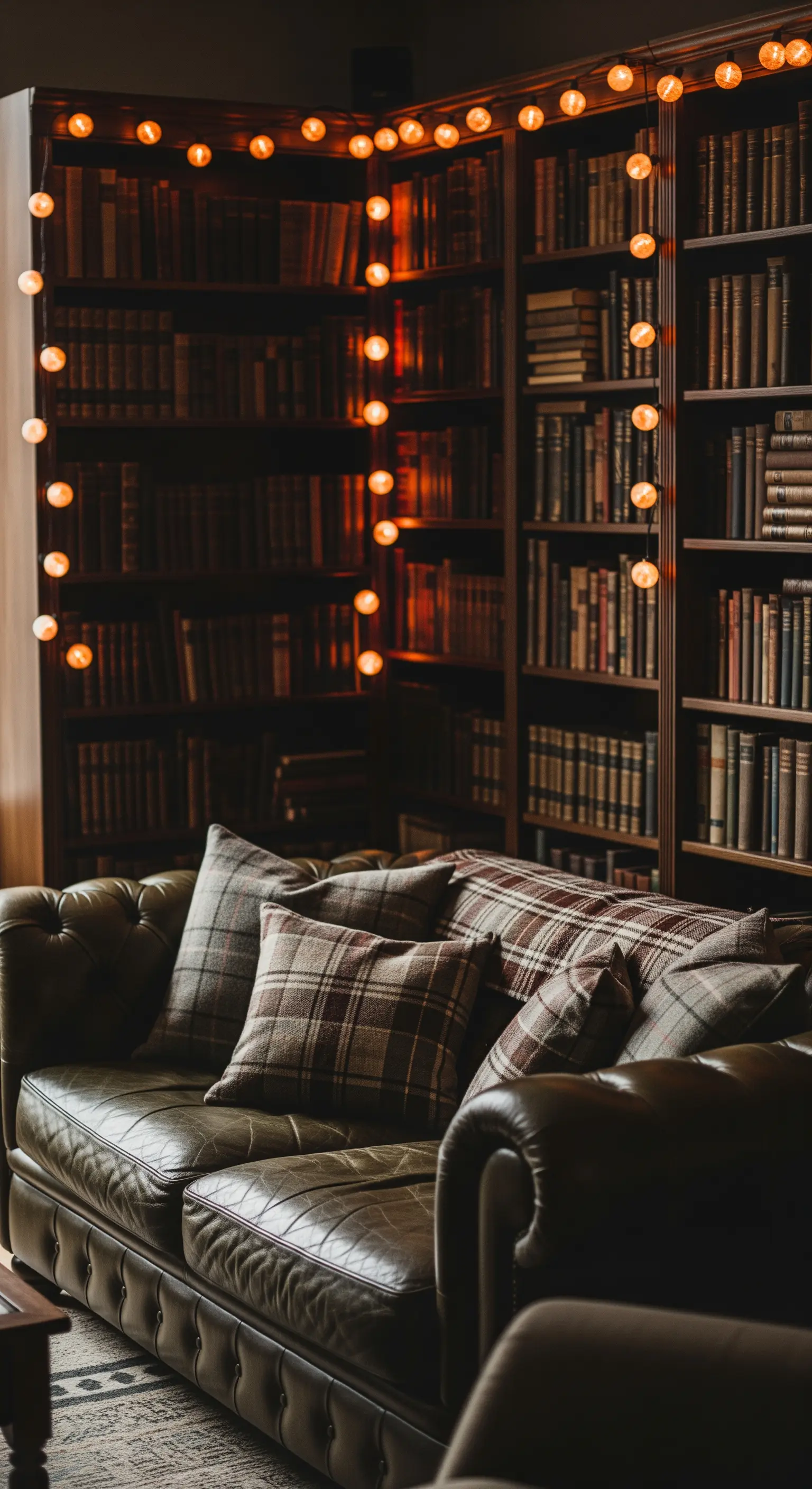 Divano Chesterfield in pelle in una biblioteca scura, con librerie incorniciate da luci a globo.