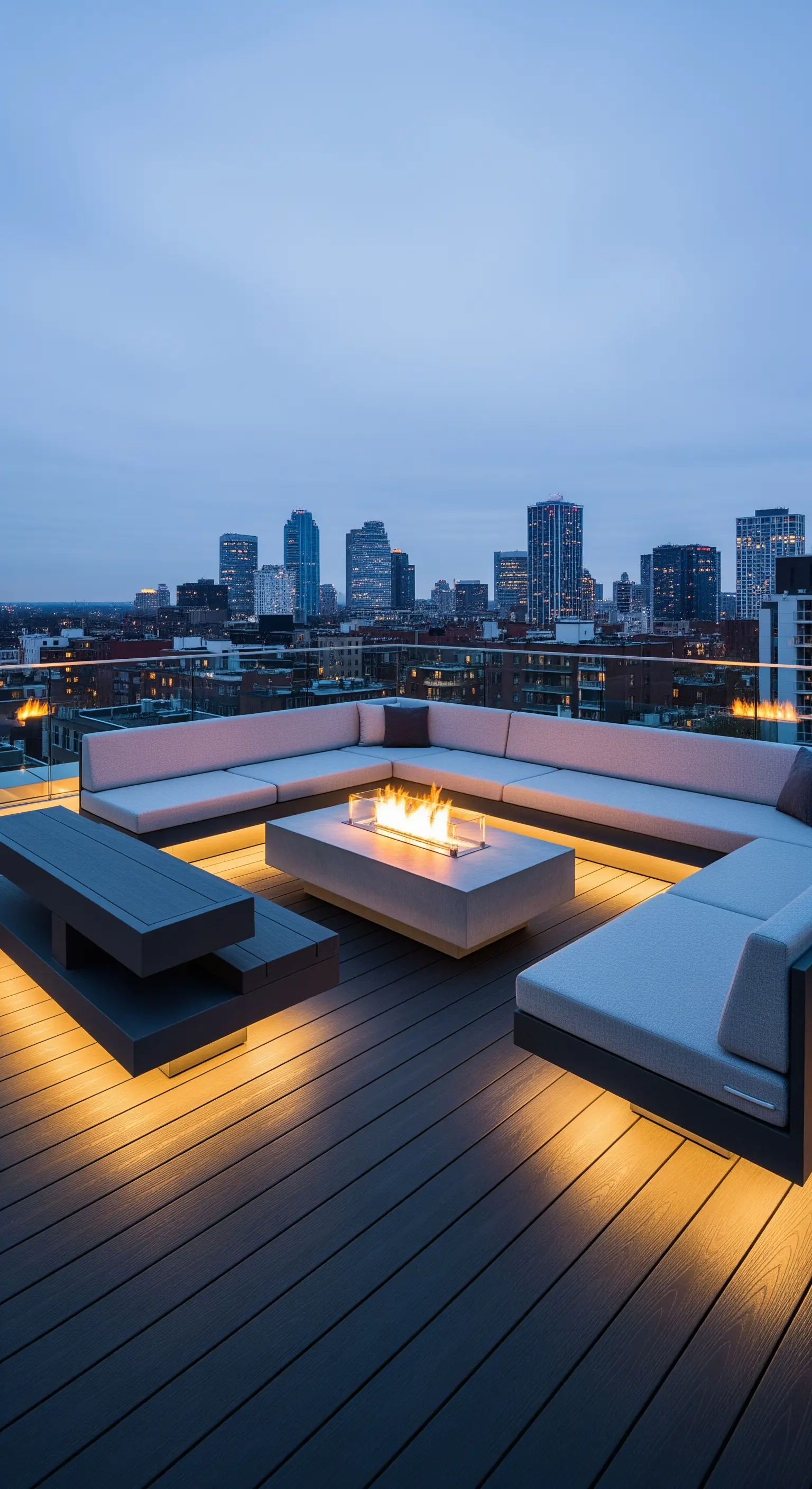 Patio su un attico con divano a L, braciere e illuminazione LED integrata sotto le sedute.
