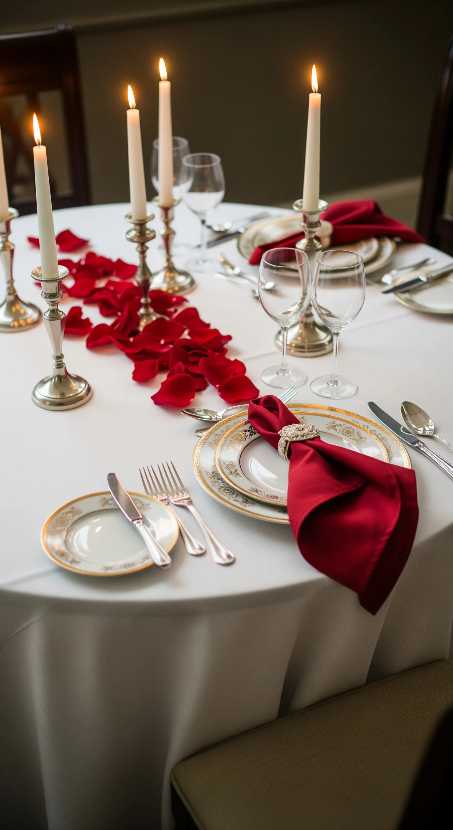 Tavola rotonda con tovaglia bianca, tovaglioli rossi, candelabri d'argento e petali di rosa