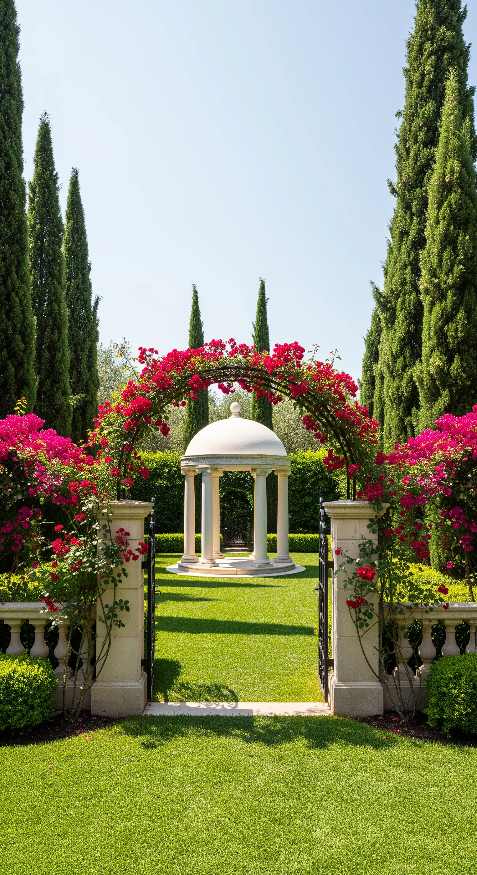 Gazebo classico in pietra bianca incorniciato da un arco di rose fucsia e fiancheggiato da cipressi.