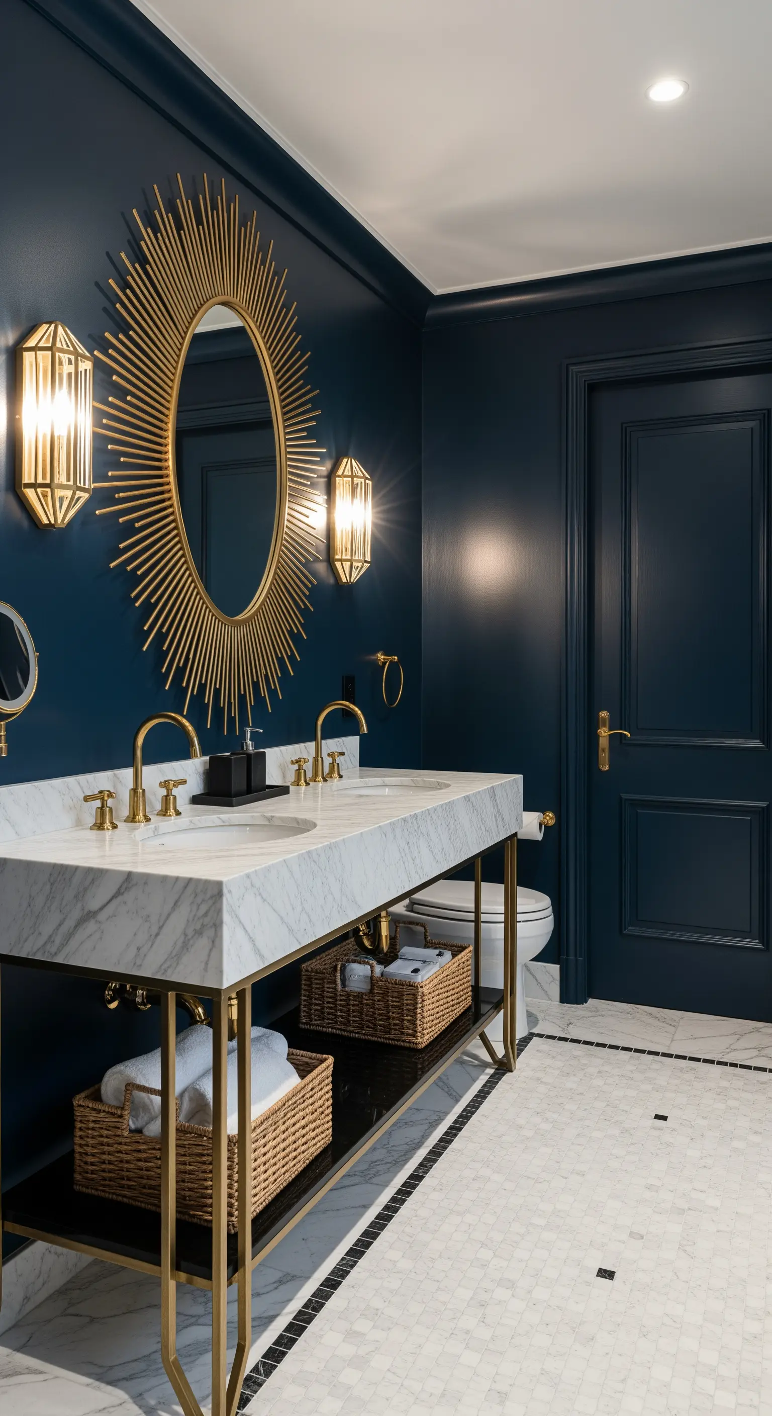 Bagno blu navy con doppio lavabo in marmo e specchio dorato a raggiera.