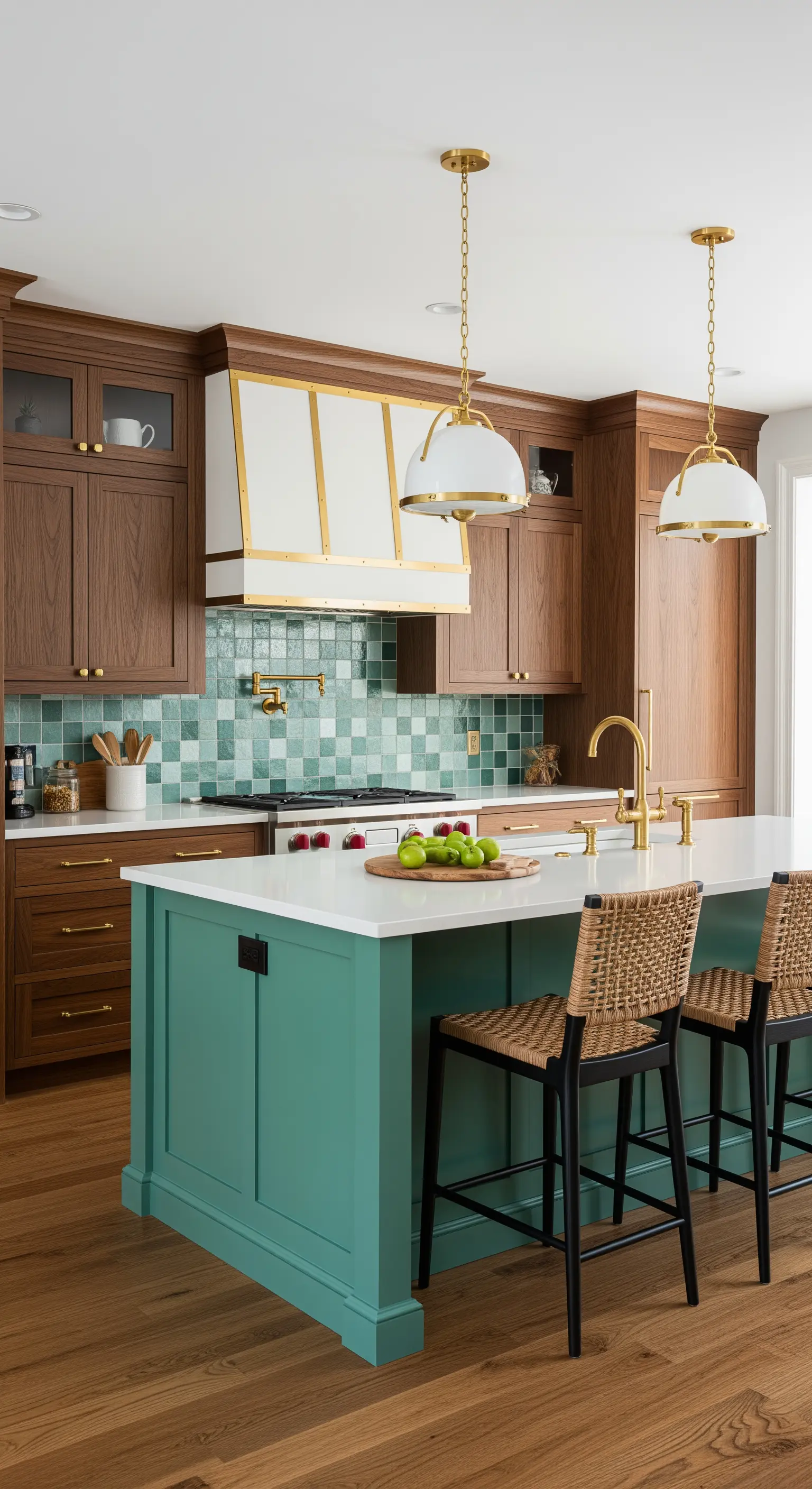 Cucina con mobili in legno scuro, isola verde acqua e dettagli in ottone.