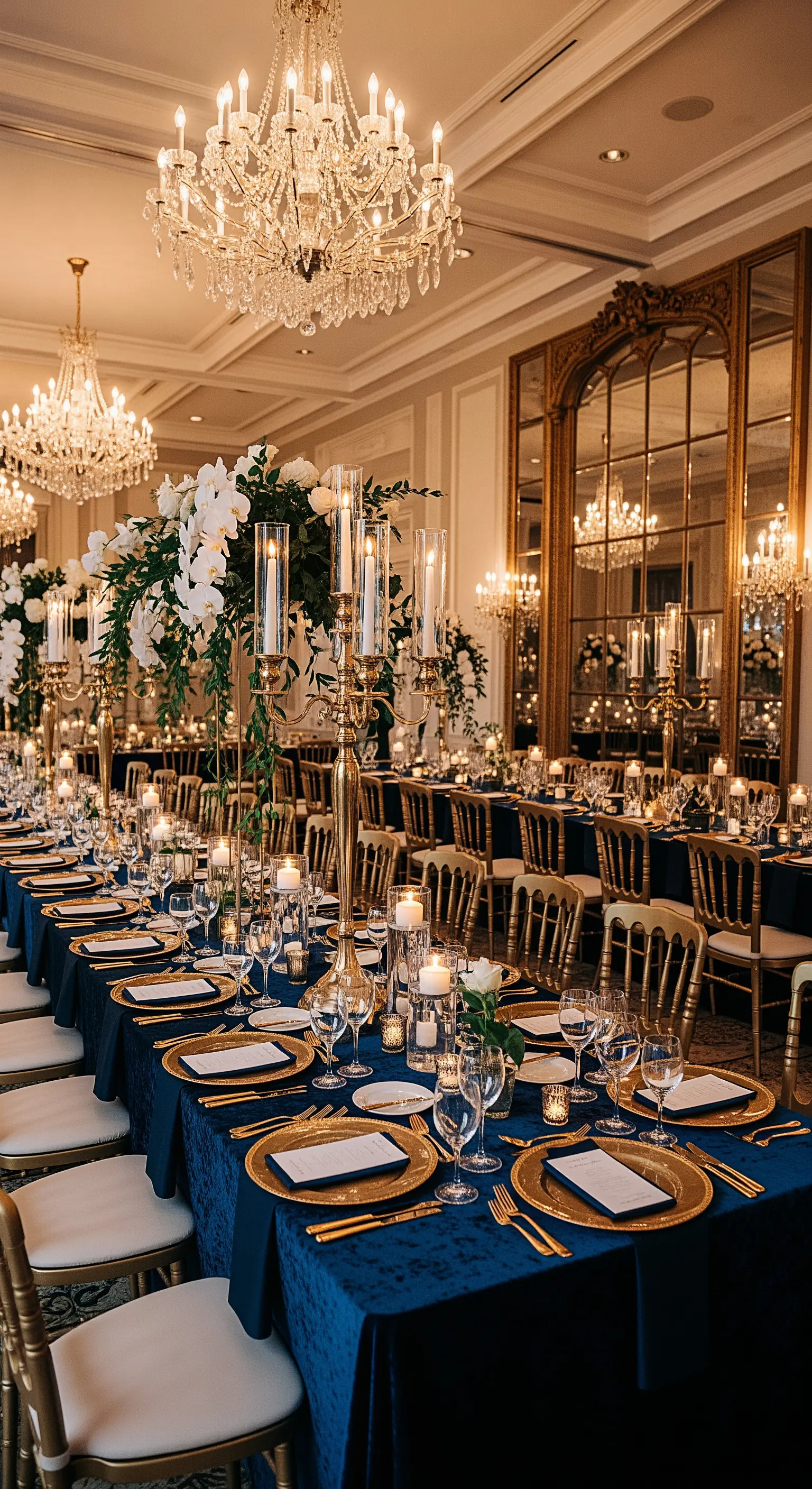 Tavoli imperiali con tovaglia in velluto blu, candelabri dorati e sedie Chivari oro.