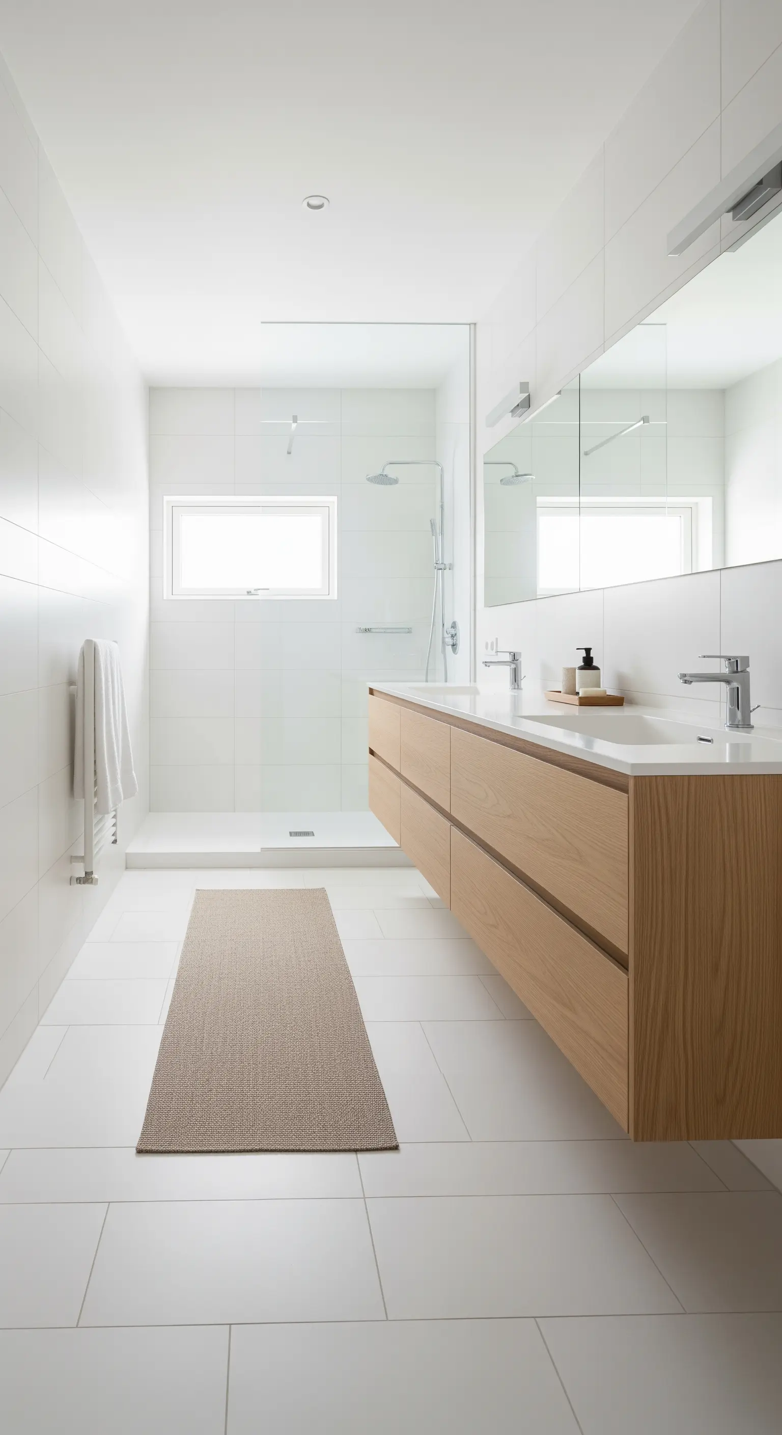 Bagno lungo e stretto con mobile sospeso in legno e doppio lavabo integrato.