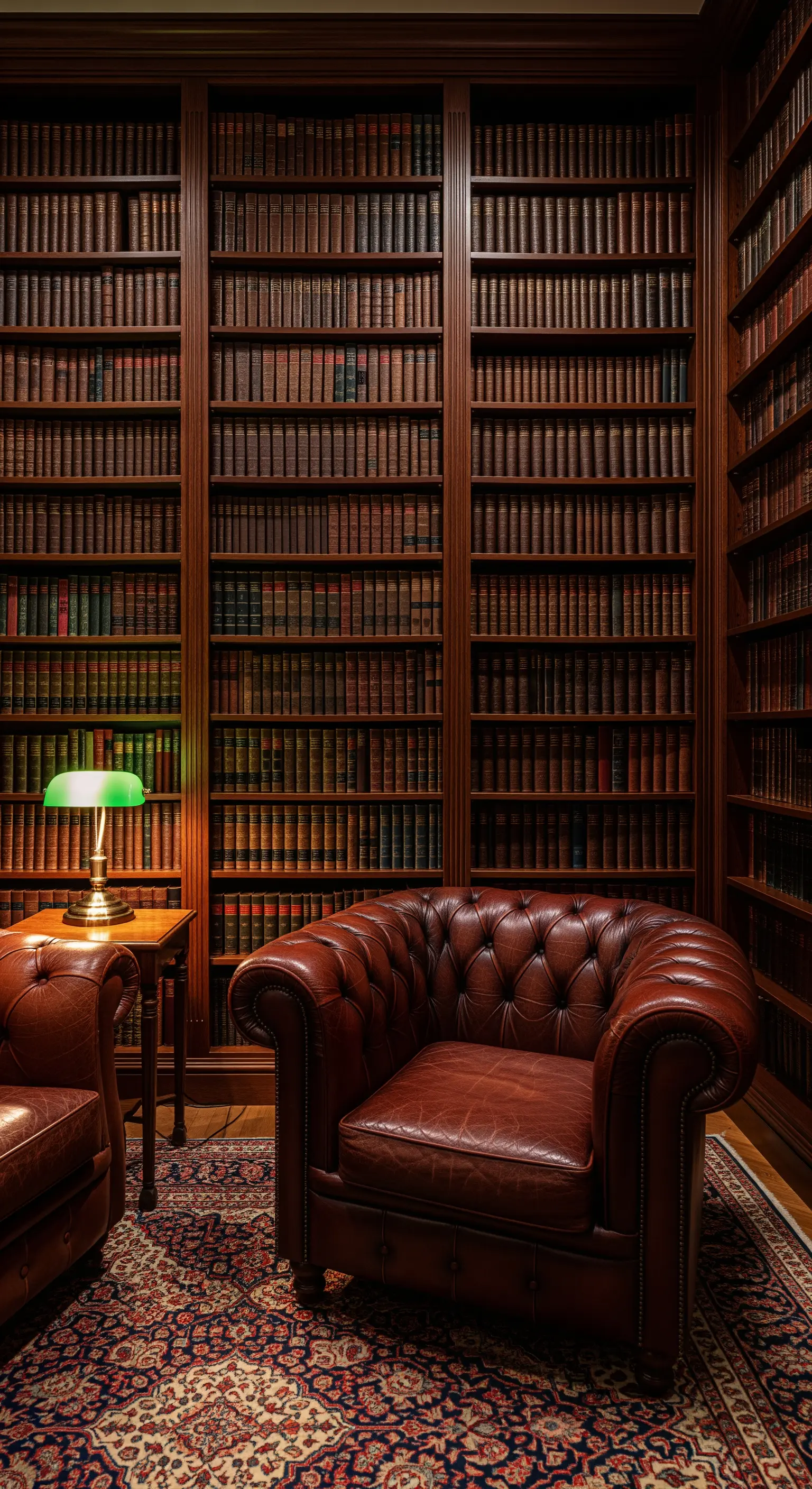 Angolo lettura classico con libreria in noce e poltrona Chesterfield in pelle marrone.