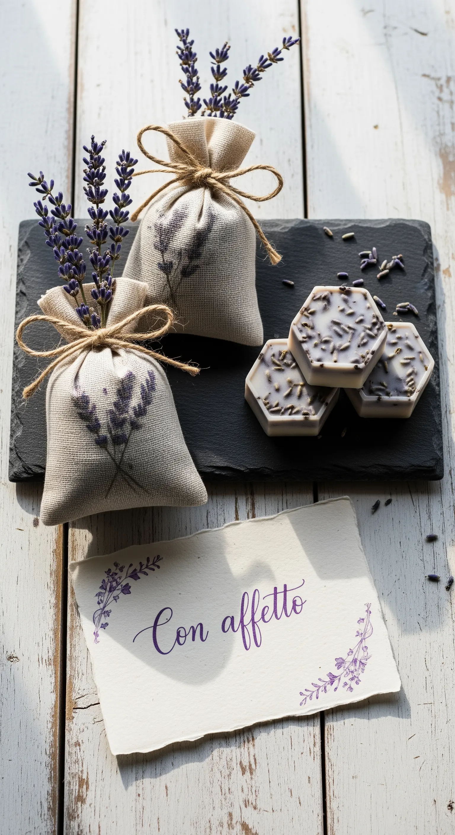 Sacchetti di lino con lavanda, saponi artigianali e un biglietto scritto a mano su un tavolo di legno.