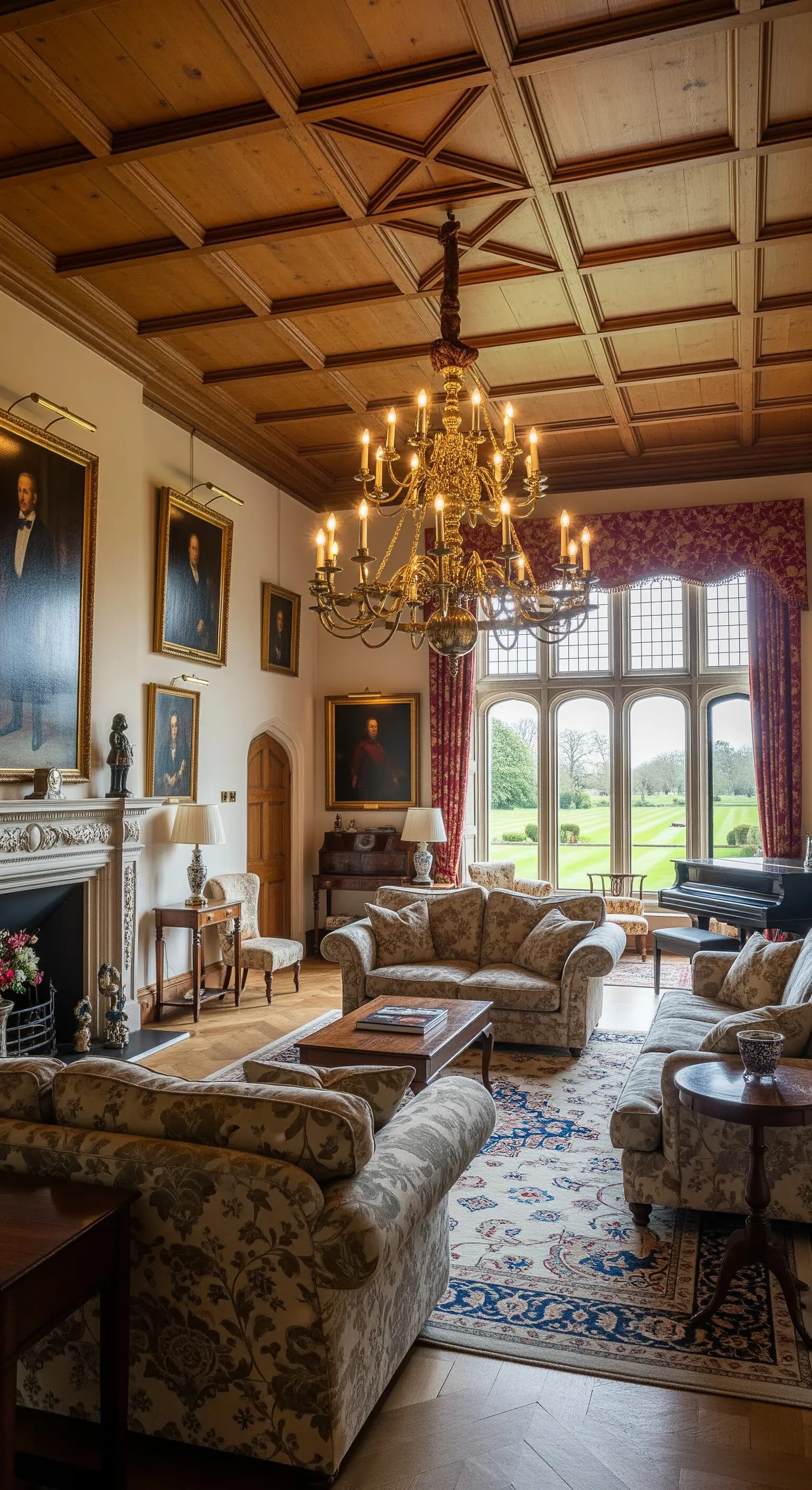 Salotto di un maniero inglese con soffitto a cassettoni e un grande lampadario a candelabro in ottone.