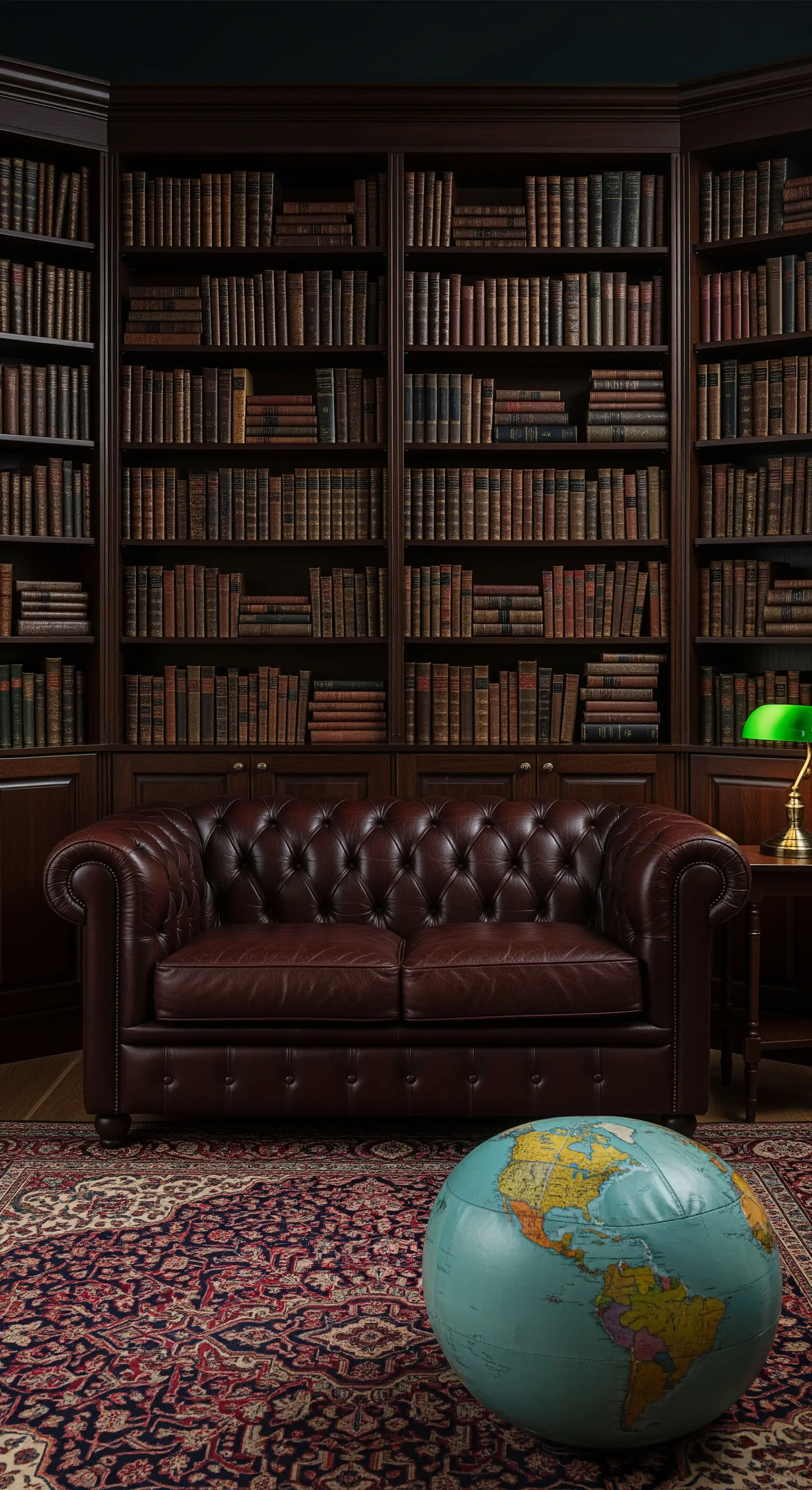 Biblioteca classica con libreria a tutta parete in legno scuro e divano Chesterfield in pelle.