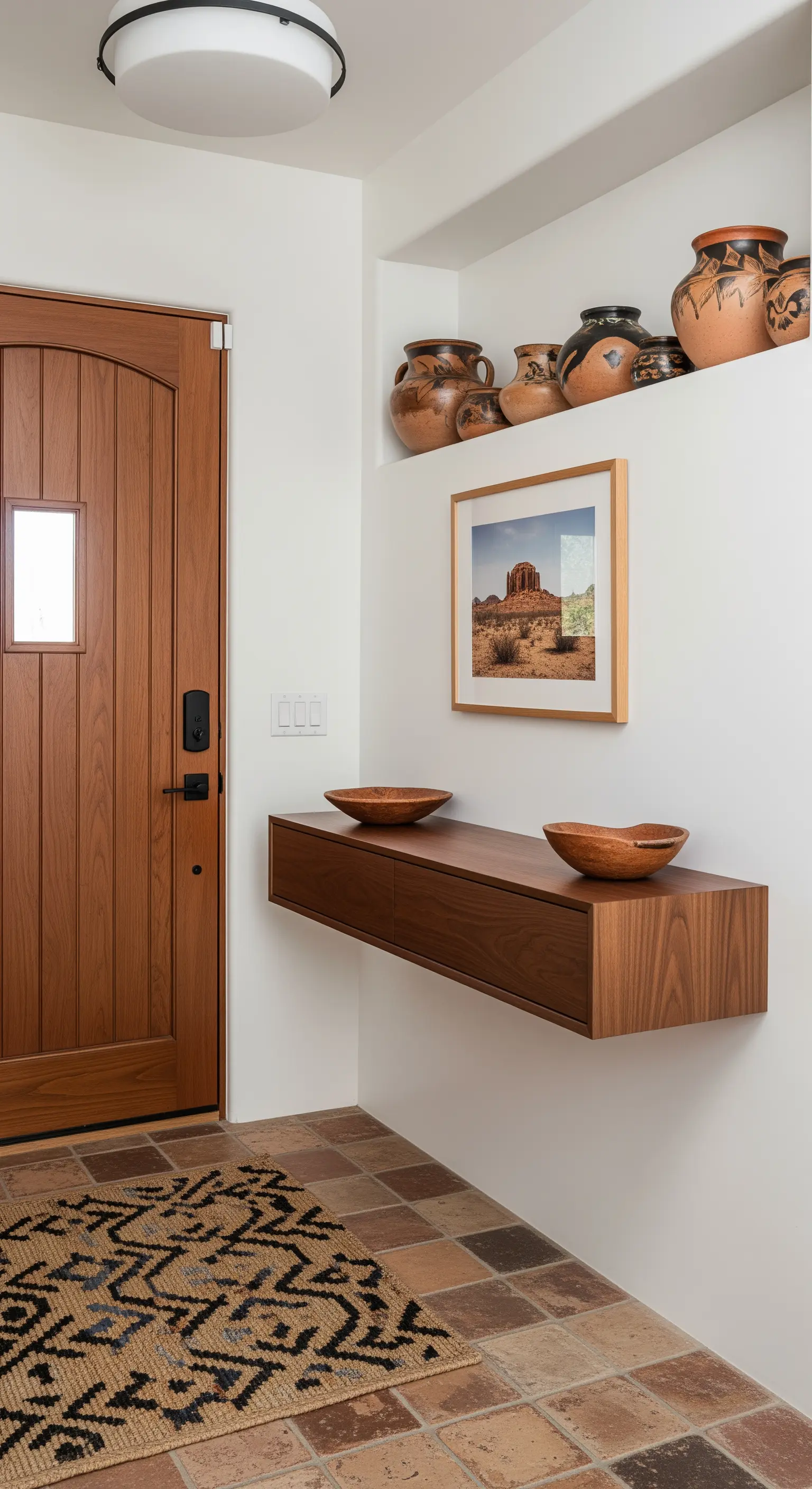 Consolle sospesa in legno in un ingresso con pavimento in cotto e vasi di terracotta.