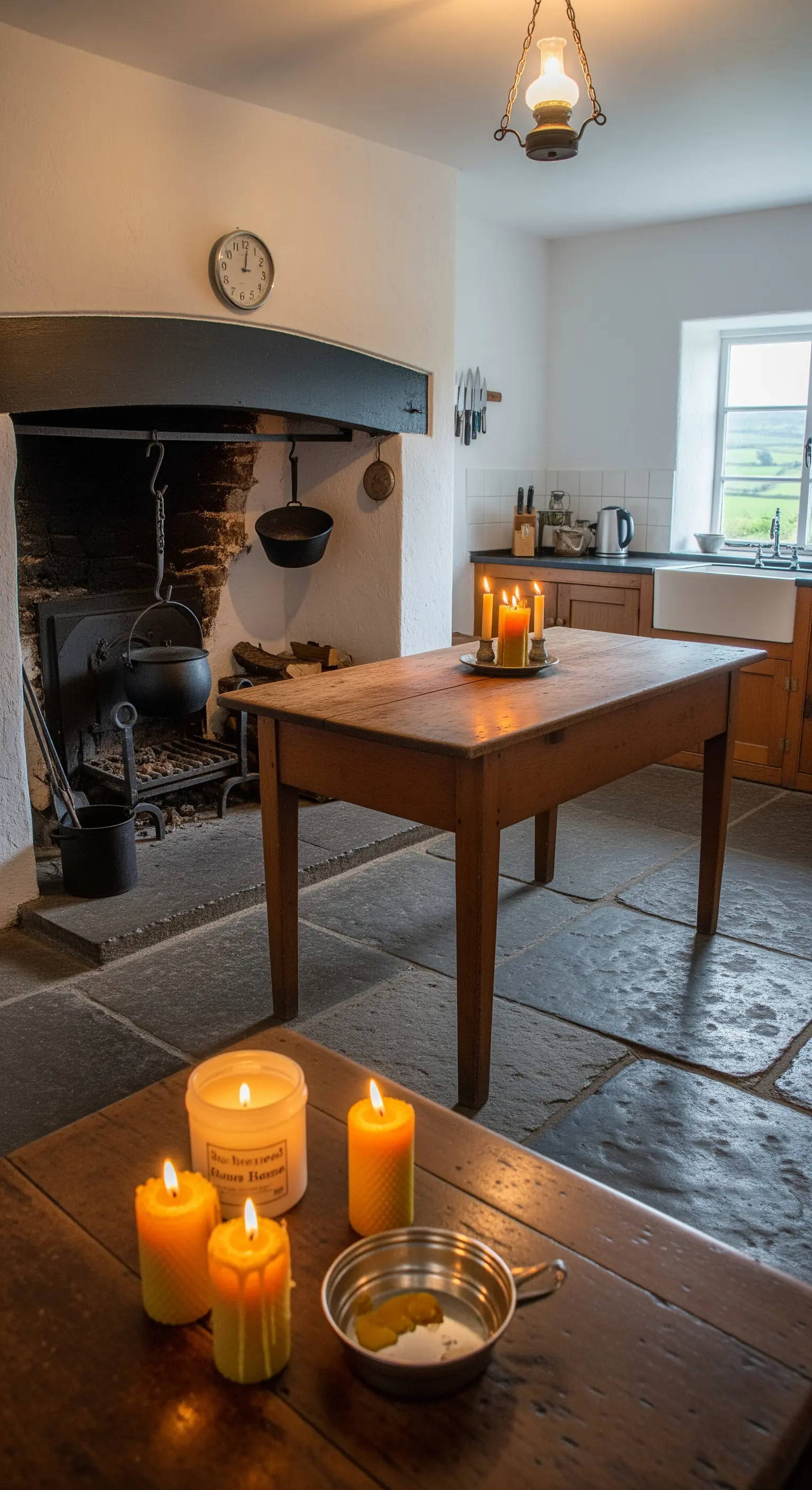 Cucina spartana con antico focolare, pavimento in pietra e tavolo illuminato da candele di cera d'api.