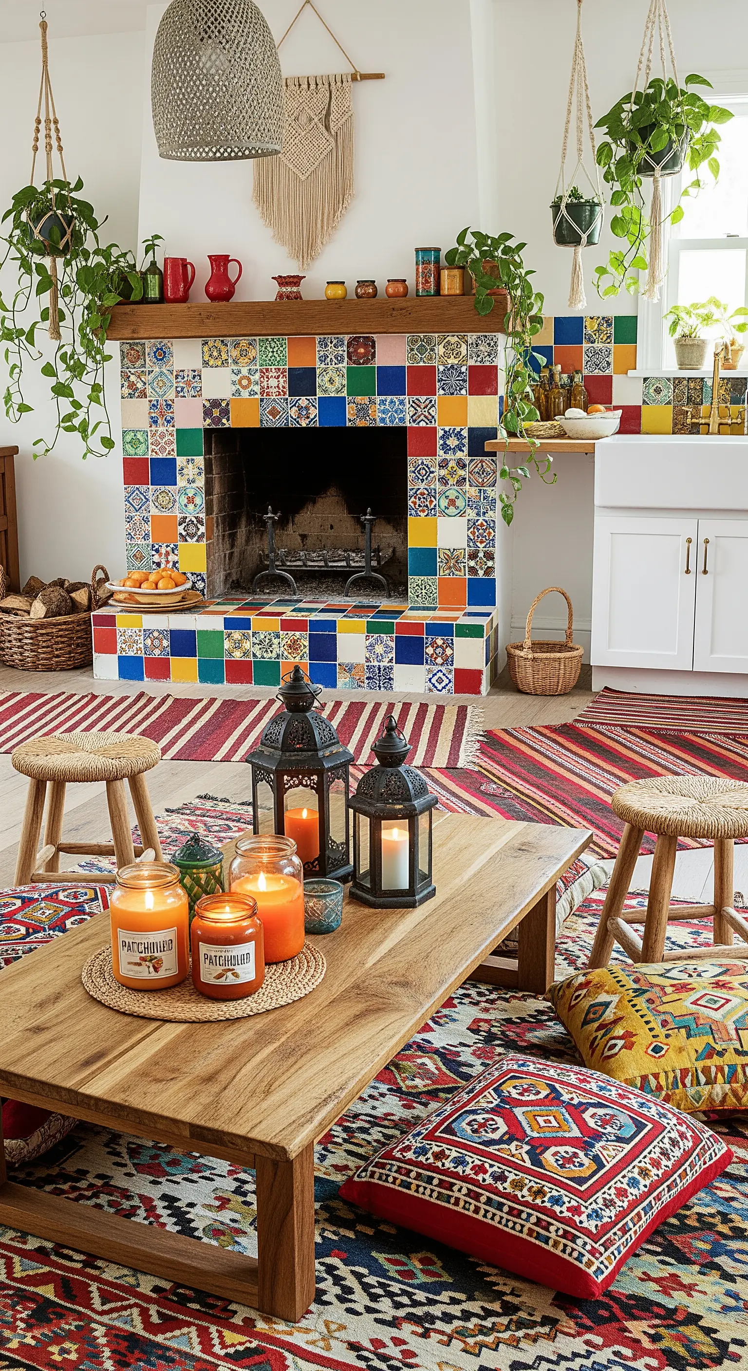 Cucina bohemien con camino rivestito di piastrelle colorate, tappeti etnici e piante pensili.