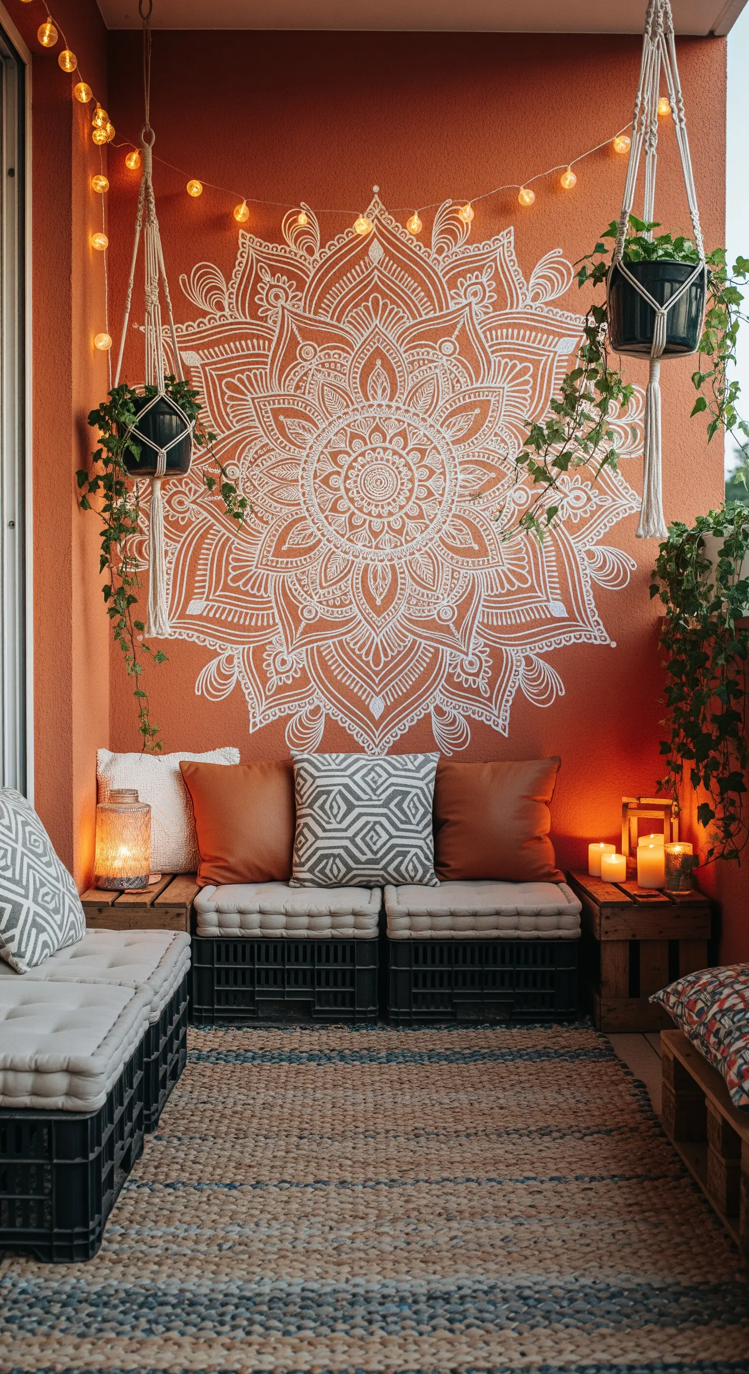 Balcone bohémien con murale mandala, sedute fatte di cassette e tappeto in juta.