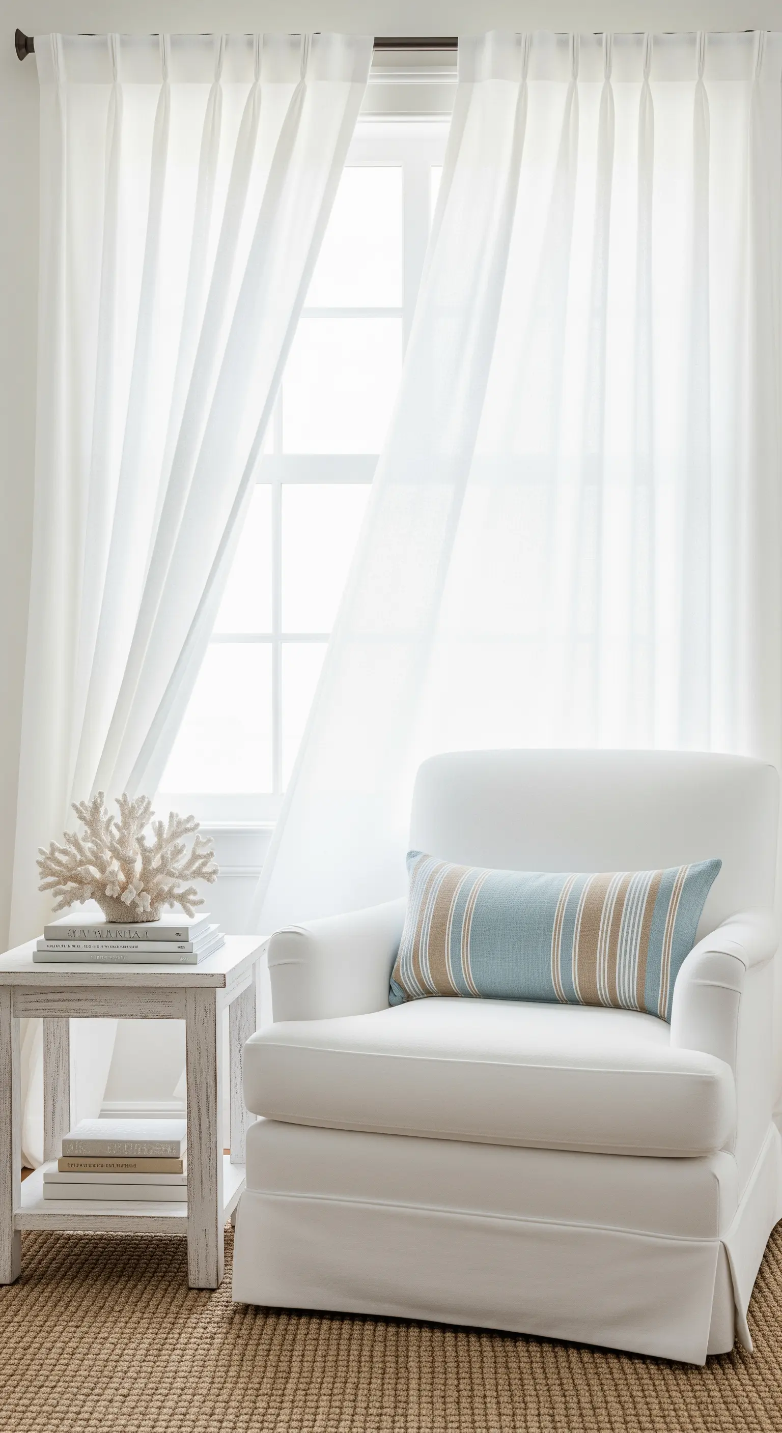 Poltrona bianca classica con cuscino a righe blu e beige e tappeto in juta.