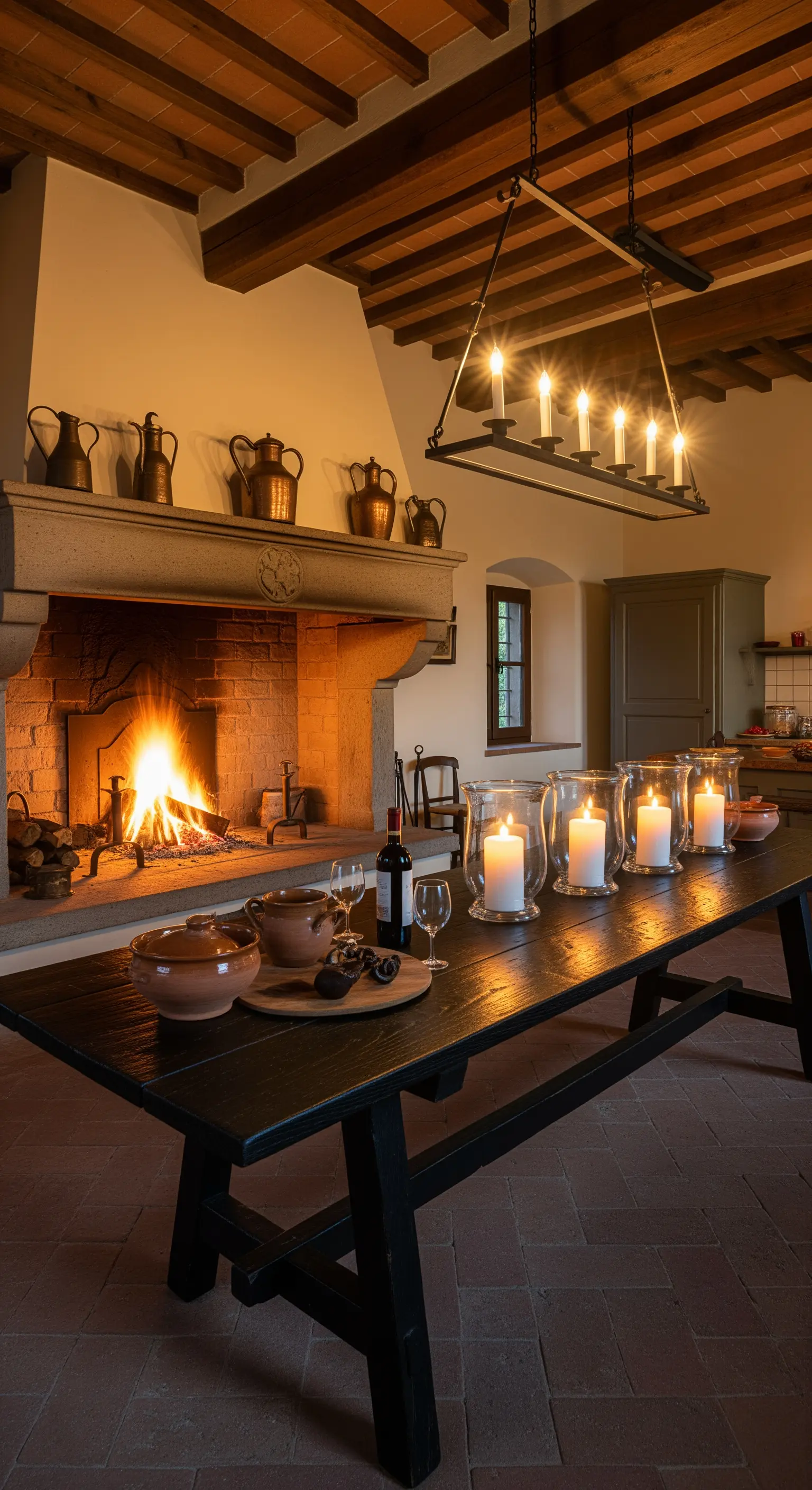 Grande cucina rustica con camino in pietra, tavolo in legno scuro e lampadario a candele.