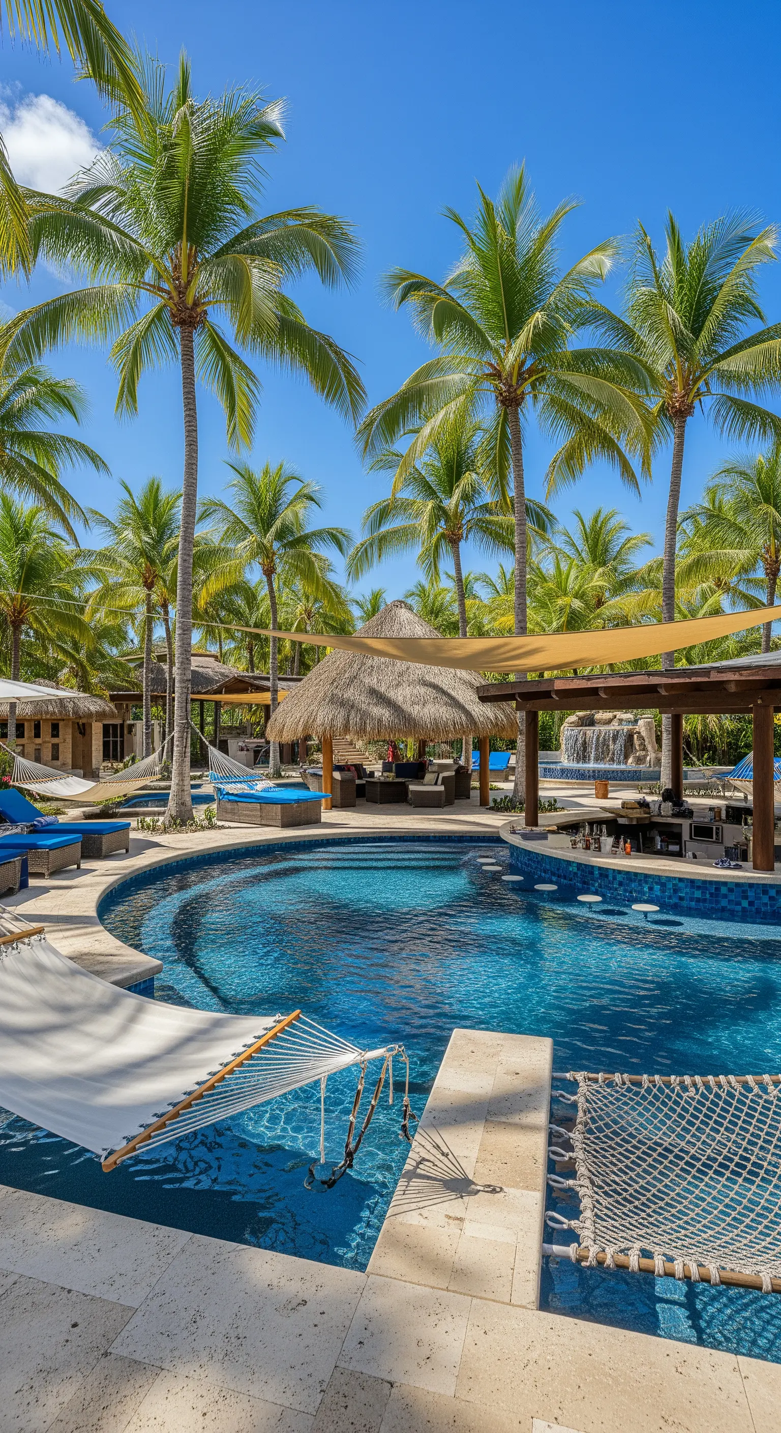 Resort di lusso con piscina, bar in acqua e numerose amache bianche tra le palme.
