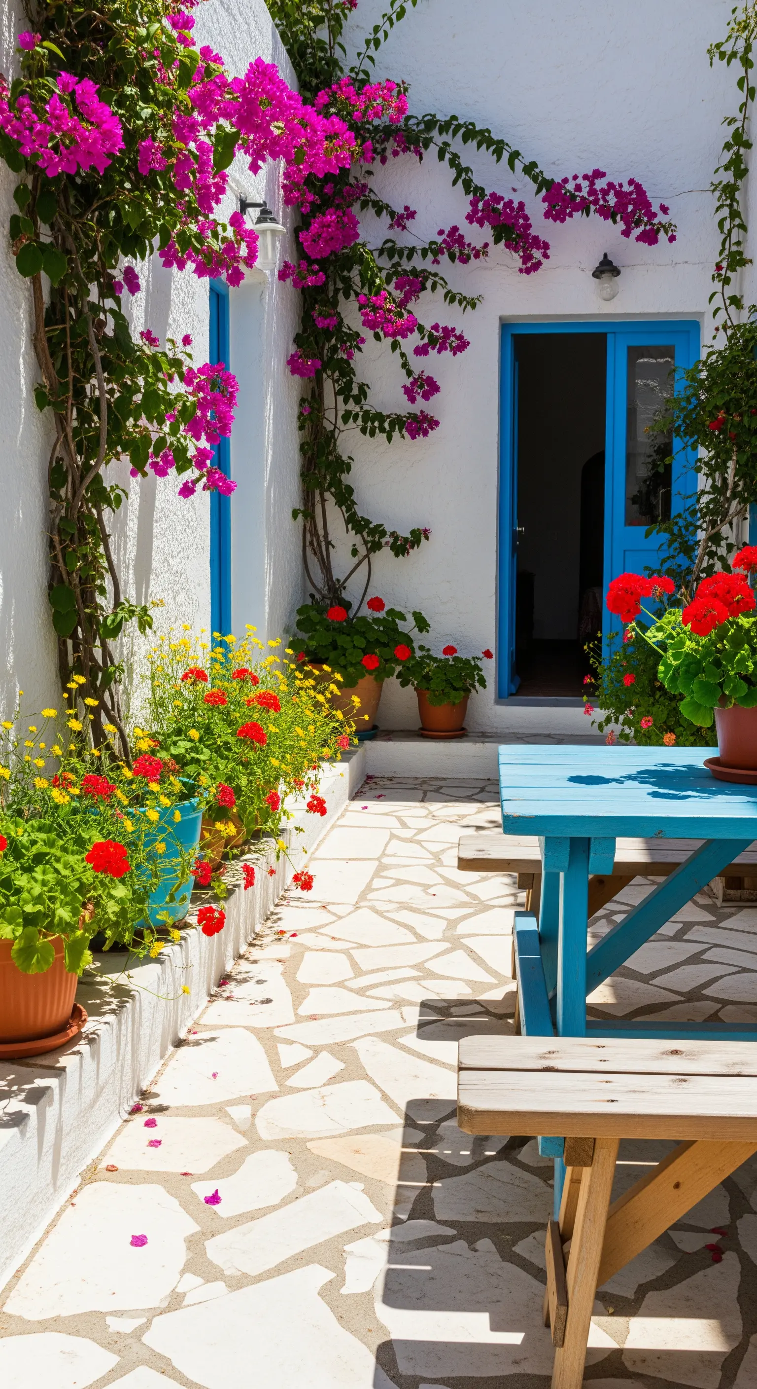 Patio mediterraneo con tavolo blu, muri bianchi e cascate di bouganville fucsia.