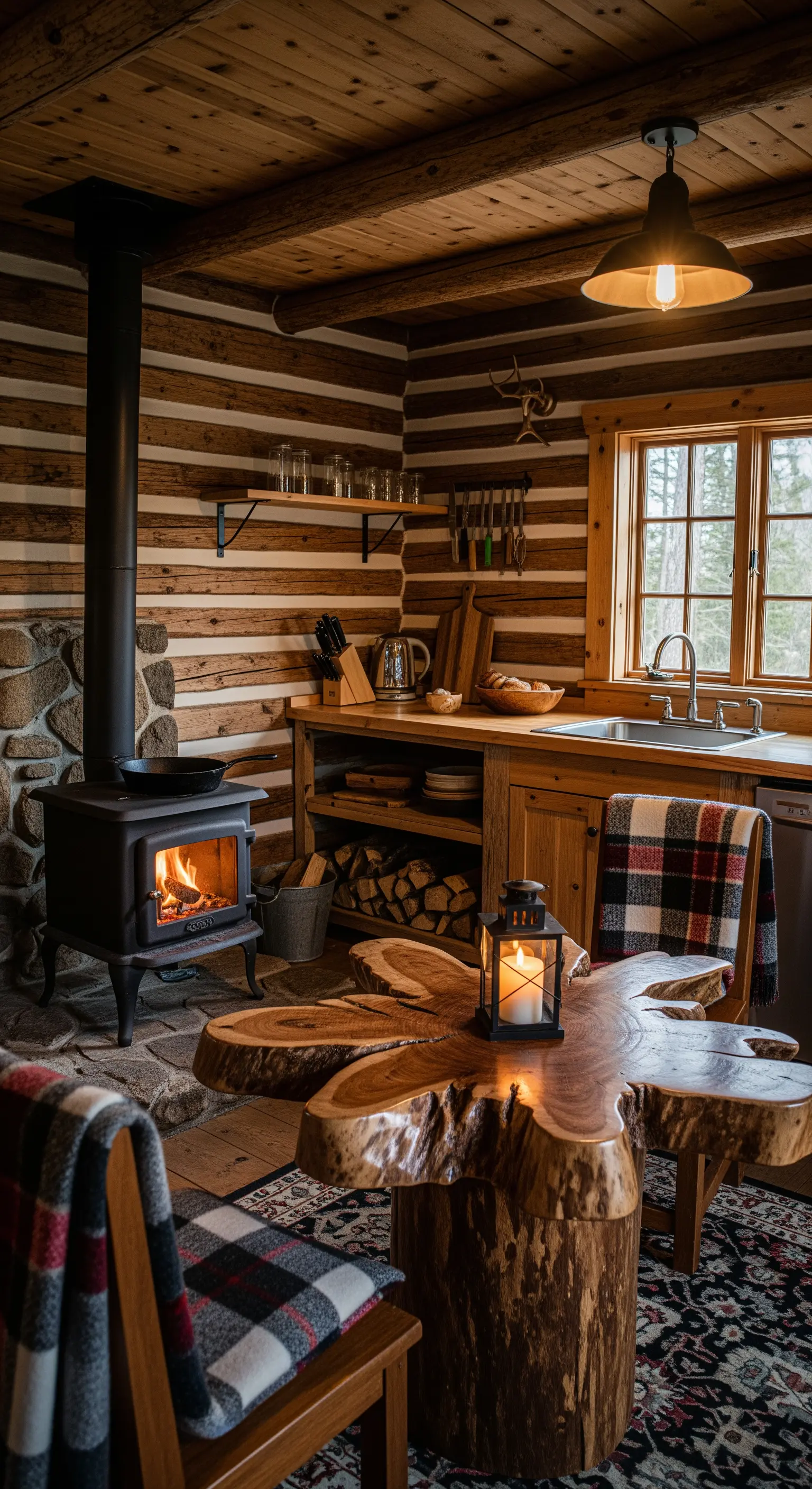 Piccola cucina in una baita di legno con stufa a legna, tavolo a sezione di tronco e plaid.