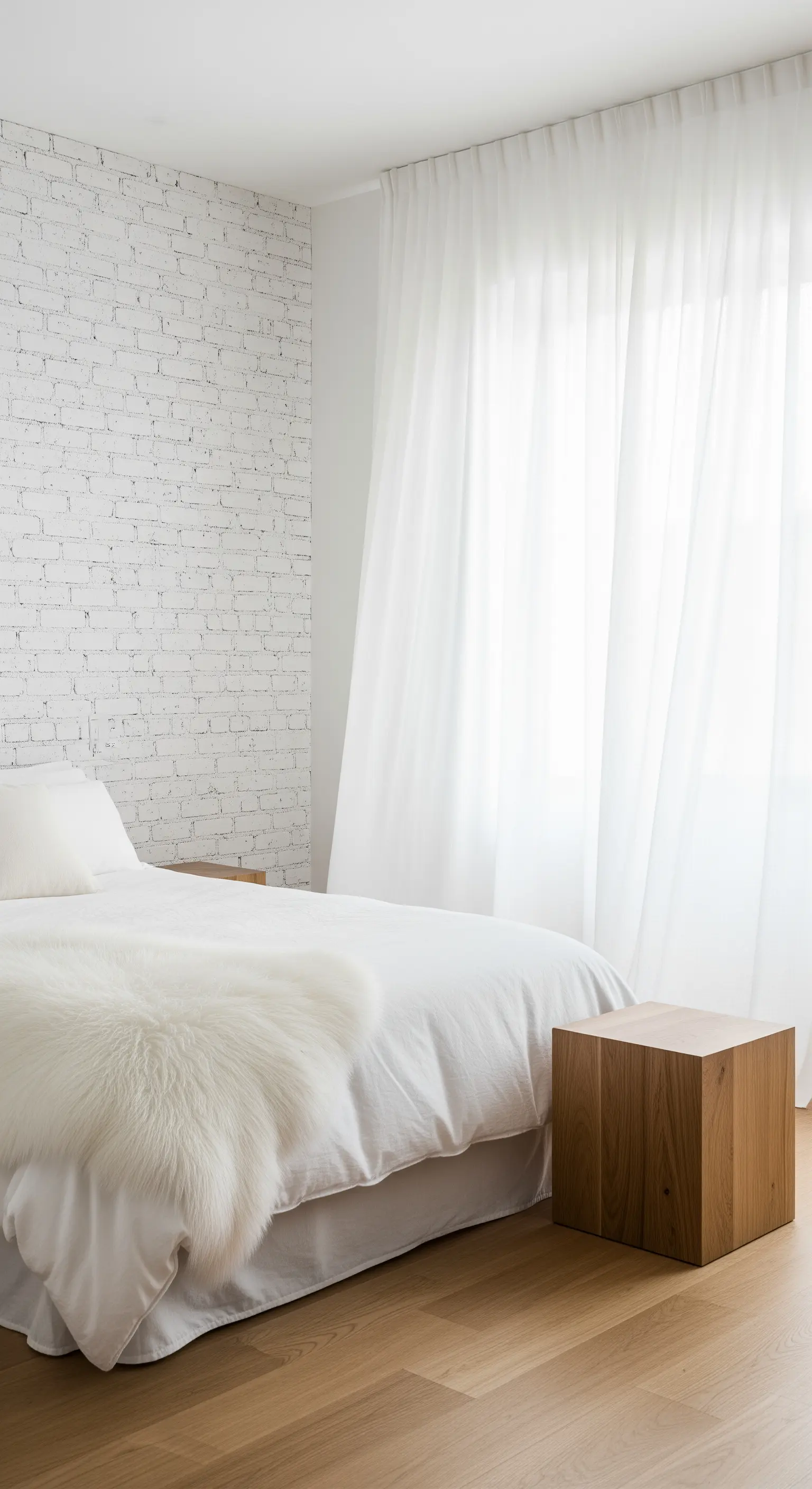 Comodino a forma di cubo in legno massello accanto a un letto bianco.
