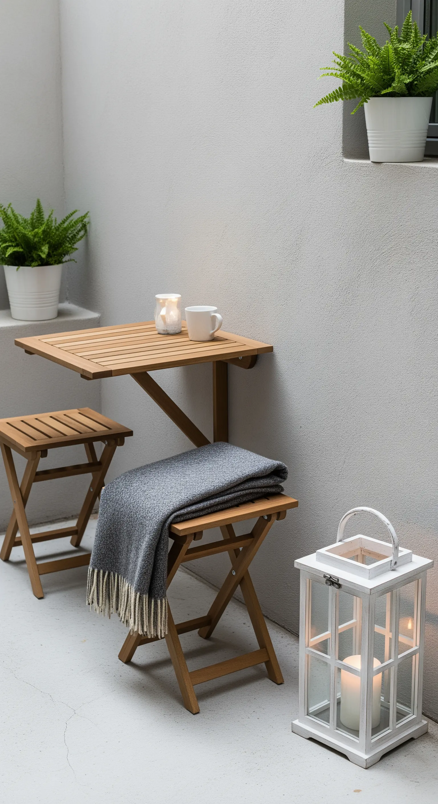 Angolo patio minimalista con tavolino a muro, sgabelli pieghevoli in legno e lanterna bianca.