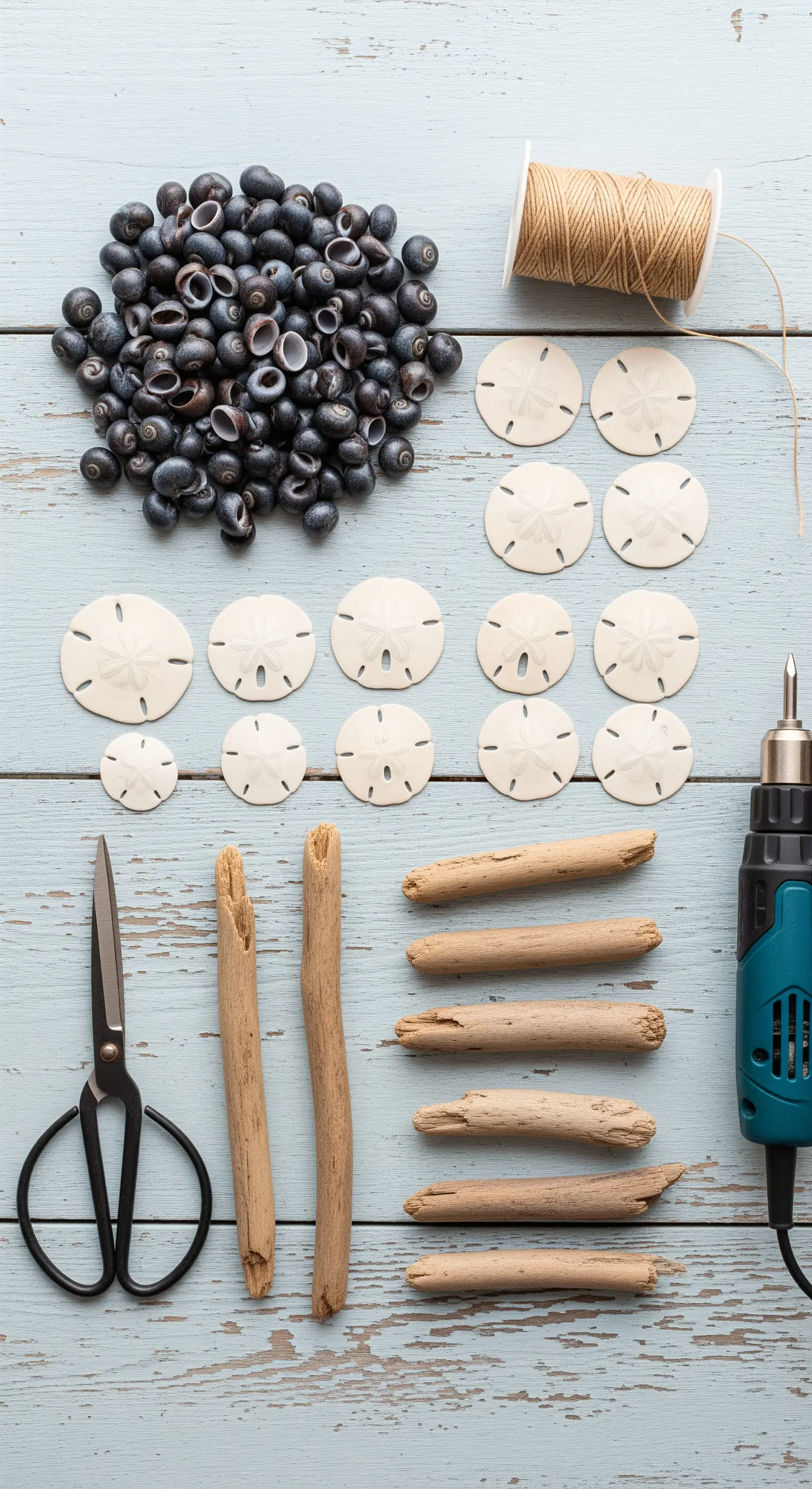 Kit fai-da-te per decorazioni marine: conchiglie, legnetti, spago e un mini trapano.