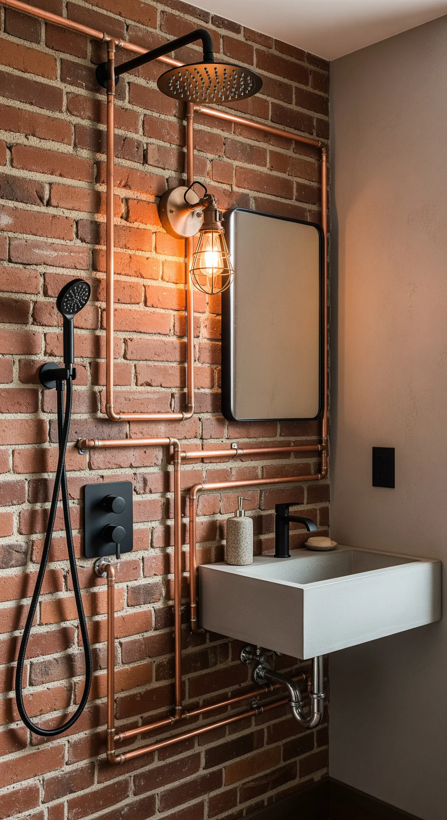 Dettaglio di tubature in rame a vista su una parete di mattoni in un bagno industrial.