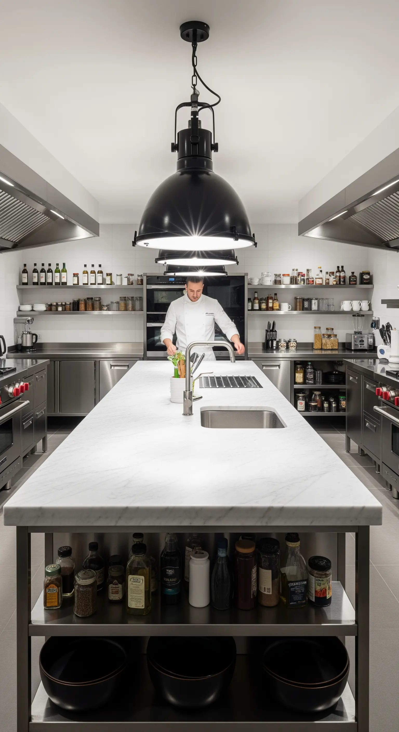 Cucina professionale in acciaio e marmo con una grande lampada a cupola nera industriale.