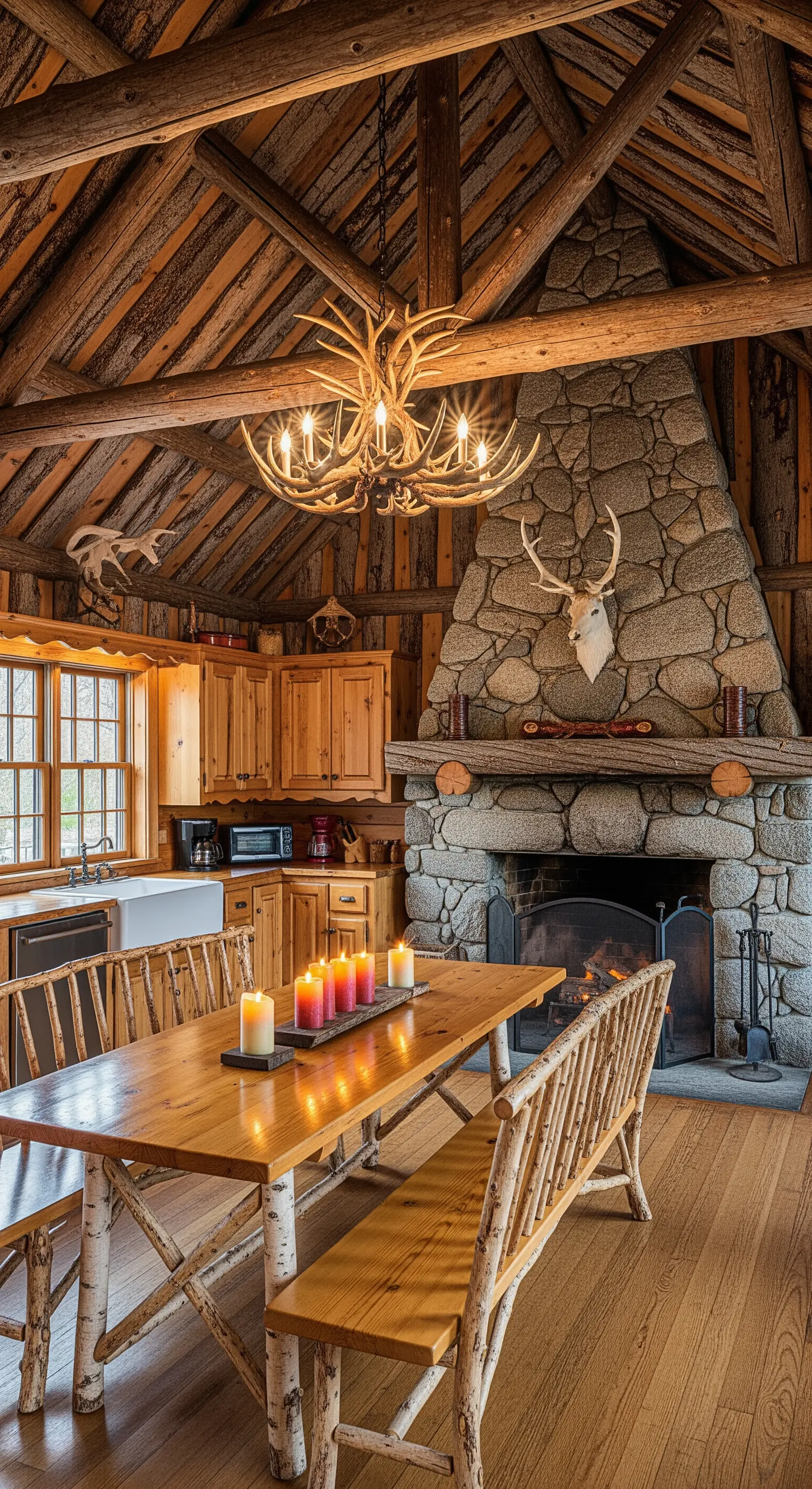 Cucina in stile lodge con imponente camino in pietra, lampadario di corna e mobili in legno grezzo.
