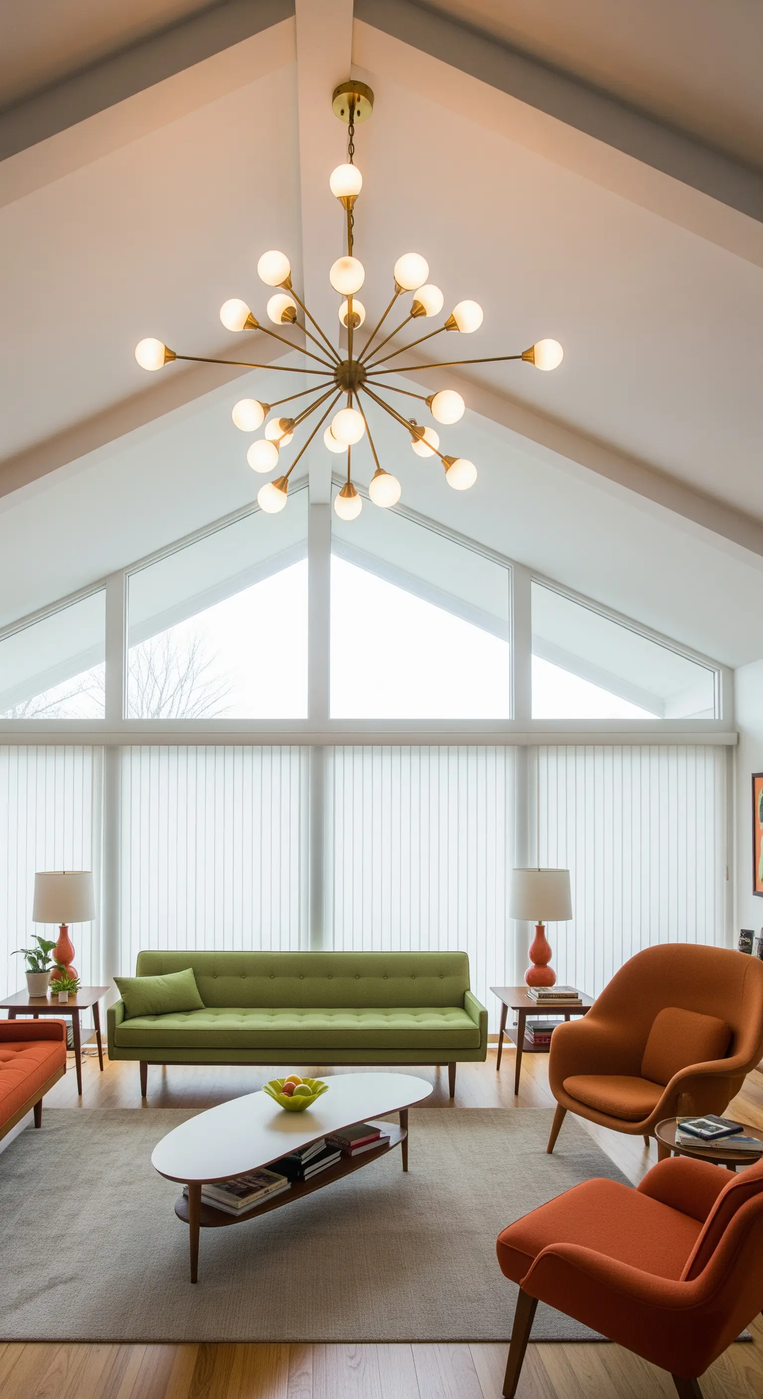 Soggiorno Mid-Century con soffitto spiovente, un lampadario Sputnik e mobili colorati.