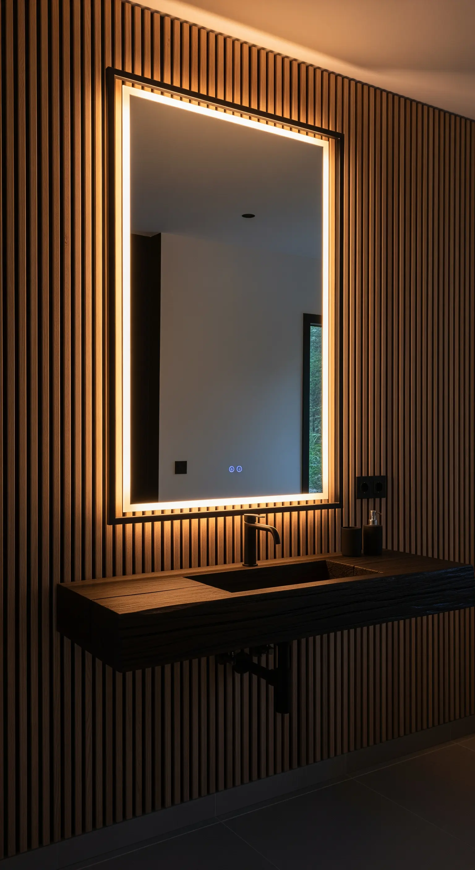 Specchio con retroilluminazione a LED su una parete a listelli di legno scuro.