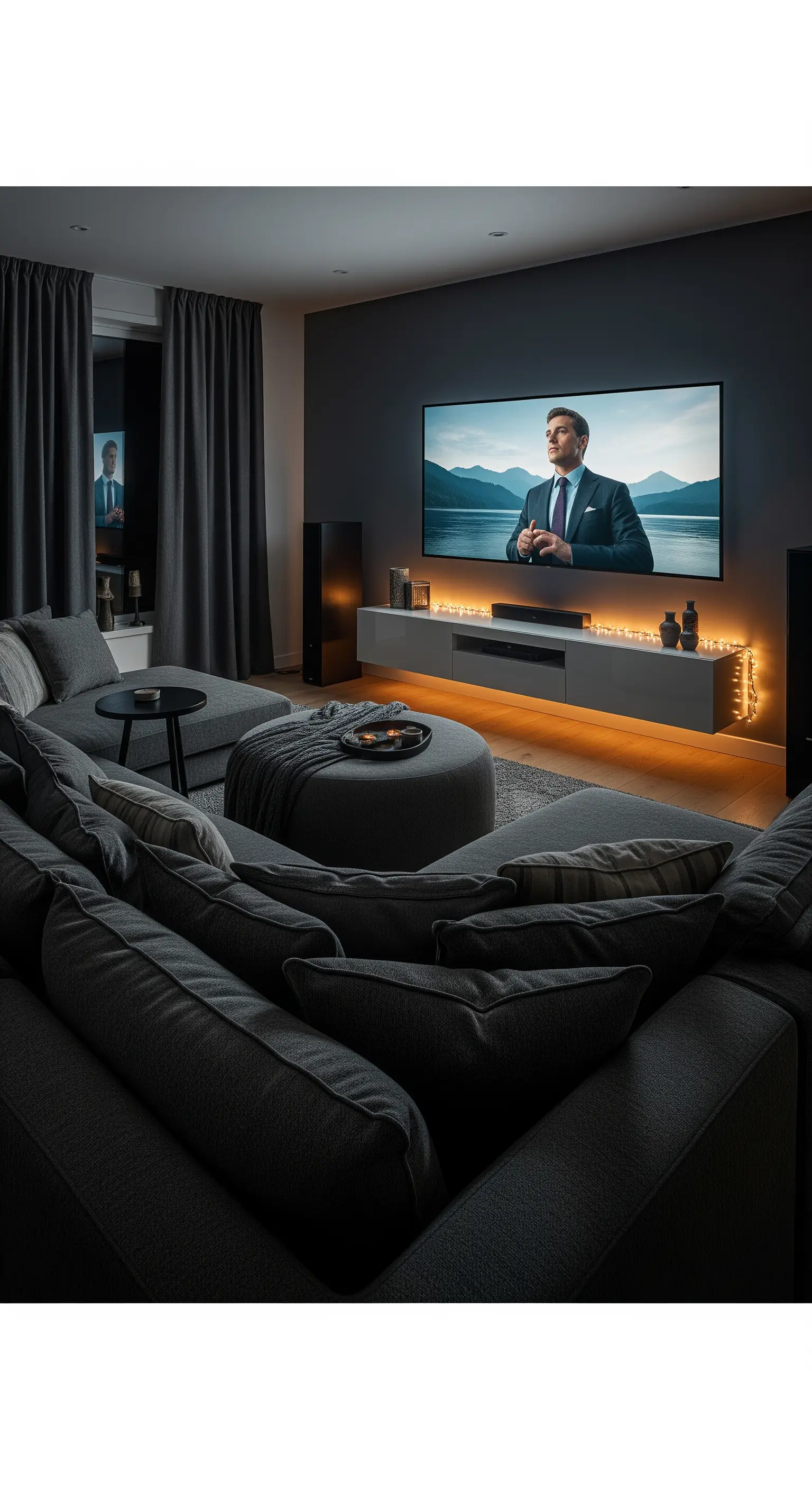 Salotto home cinema con divano grigio e mobile TV illuminato da una striscia di luci LED calde.