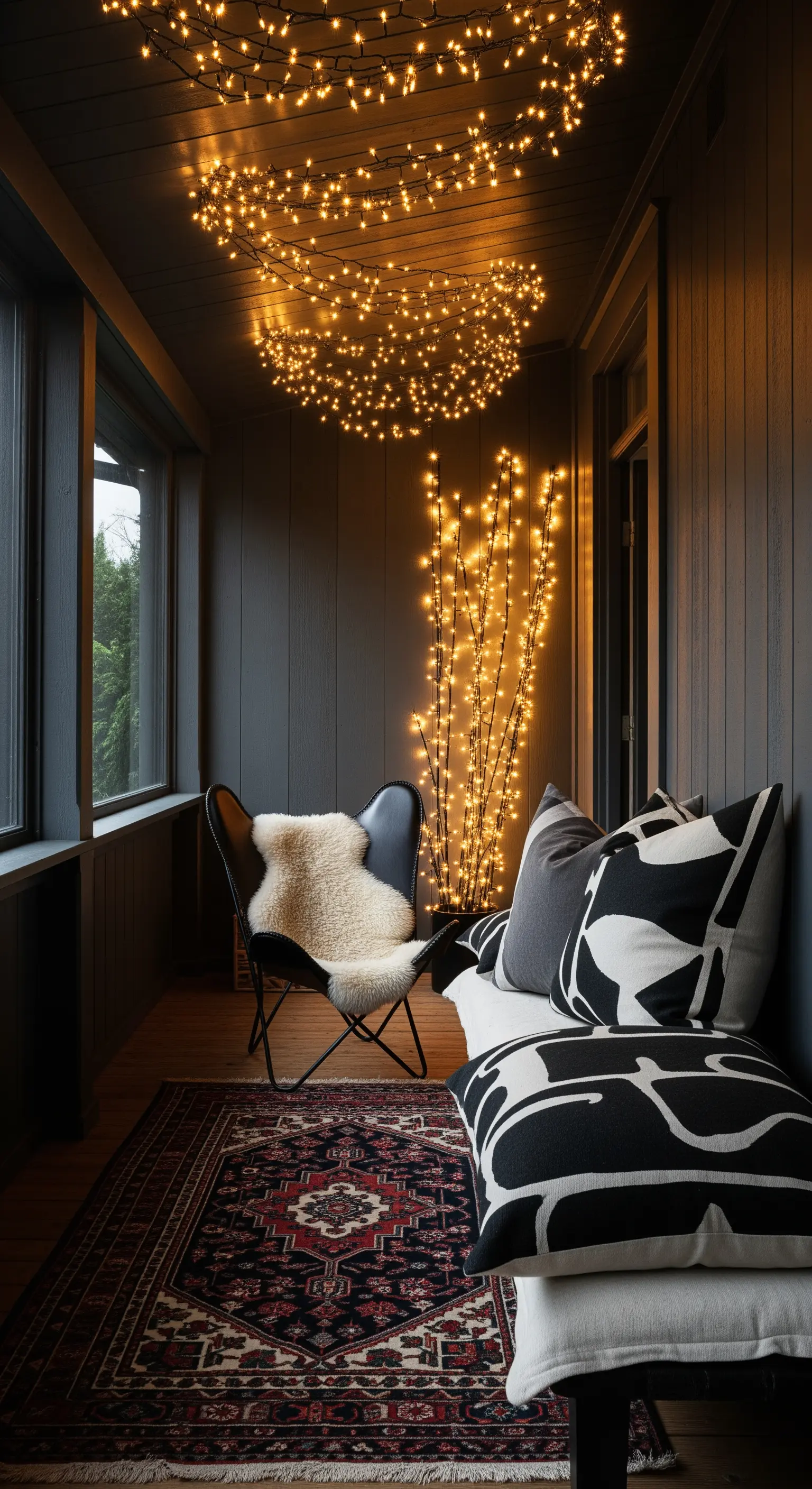 Veranda moderna con pareti scure, illuminazione scultorea a led e cuscini grafici.