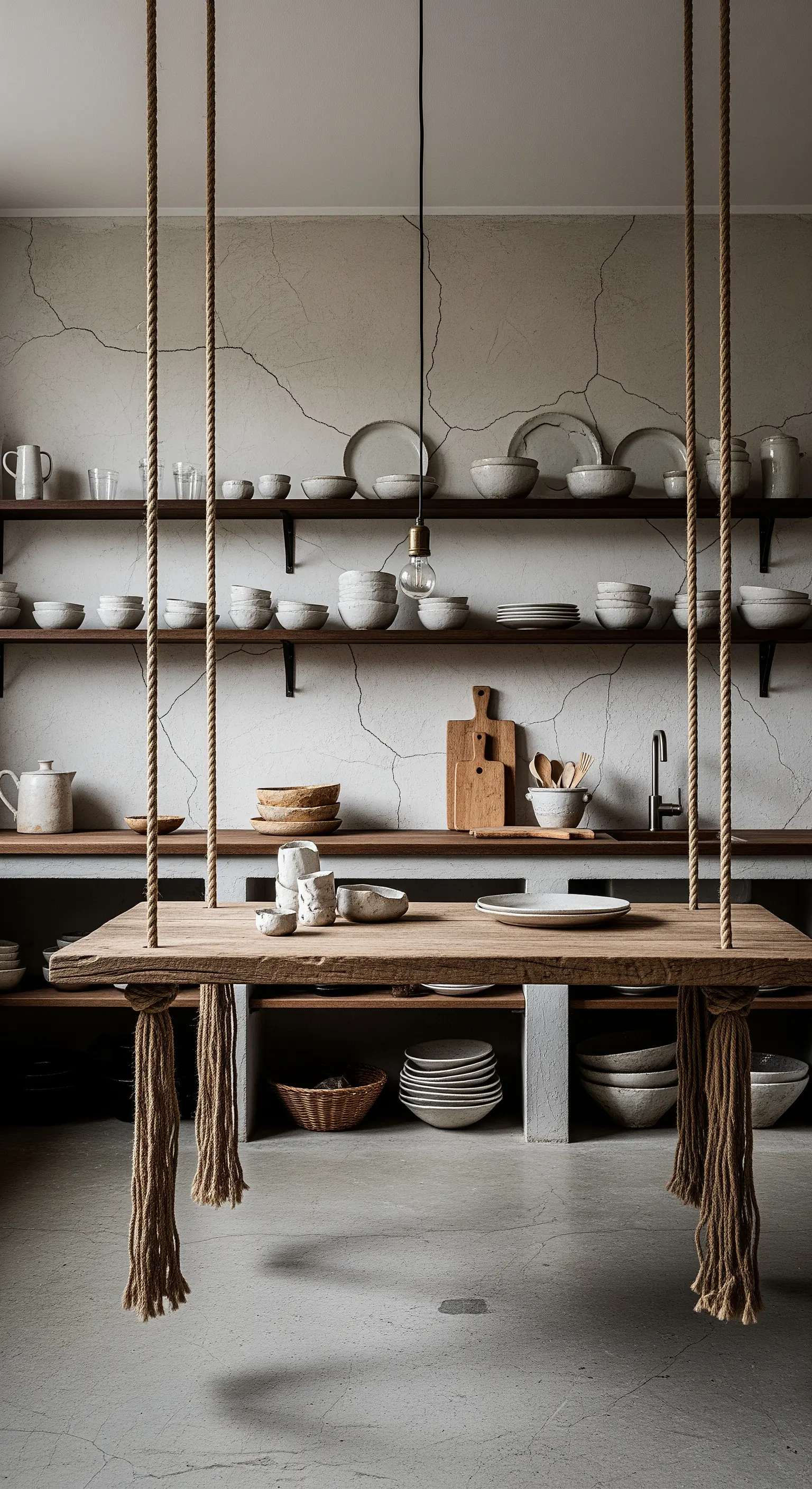 Tavolo in legno grezzo sospeso con corde in una cucina wabi-sabi con ceramiche artigianali.