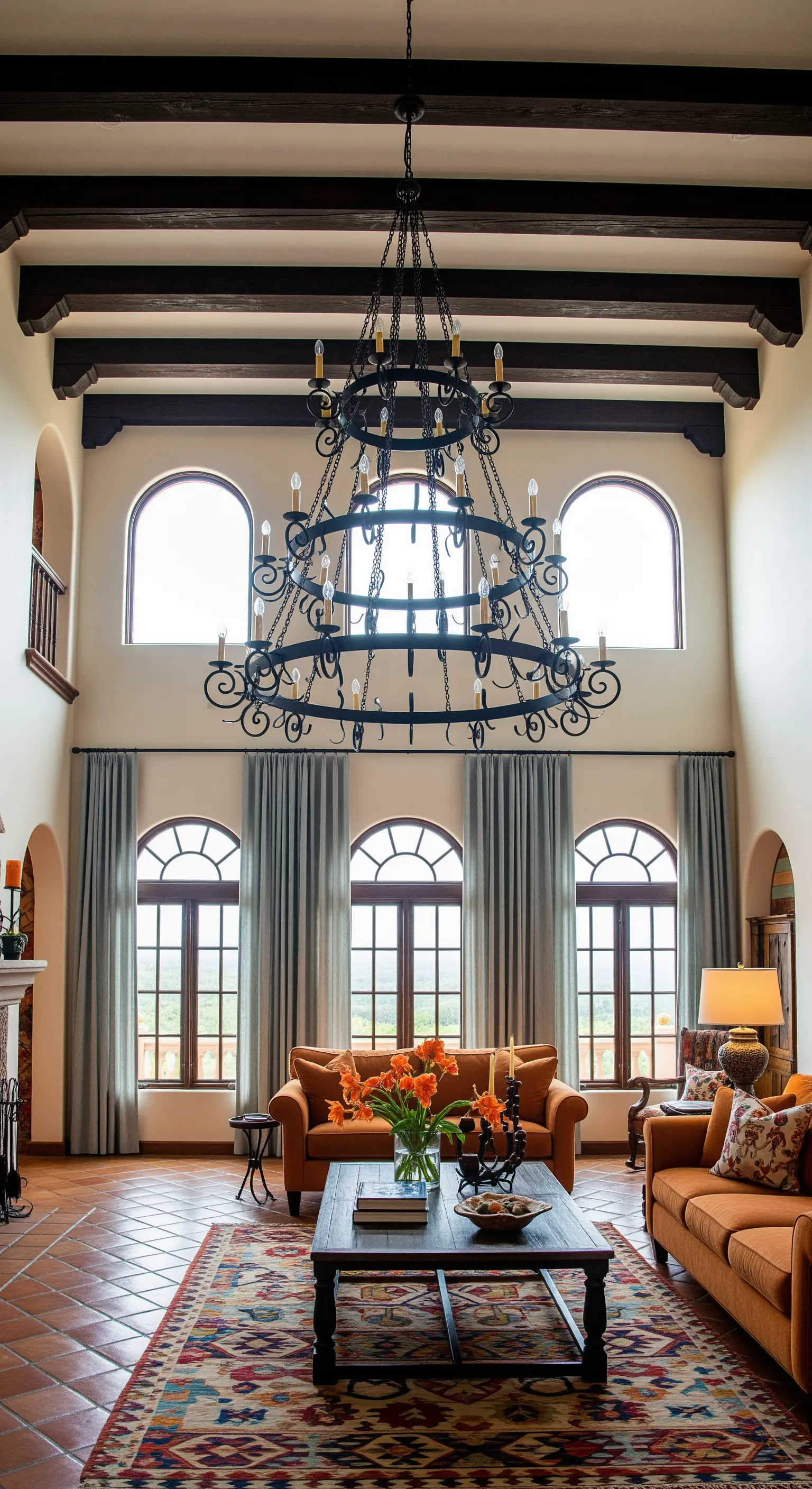 Salone in stile hacienda con soffitto a doppia altezza, travi in legno e un enorme lampadario in ferro.