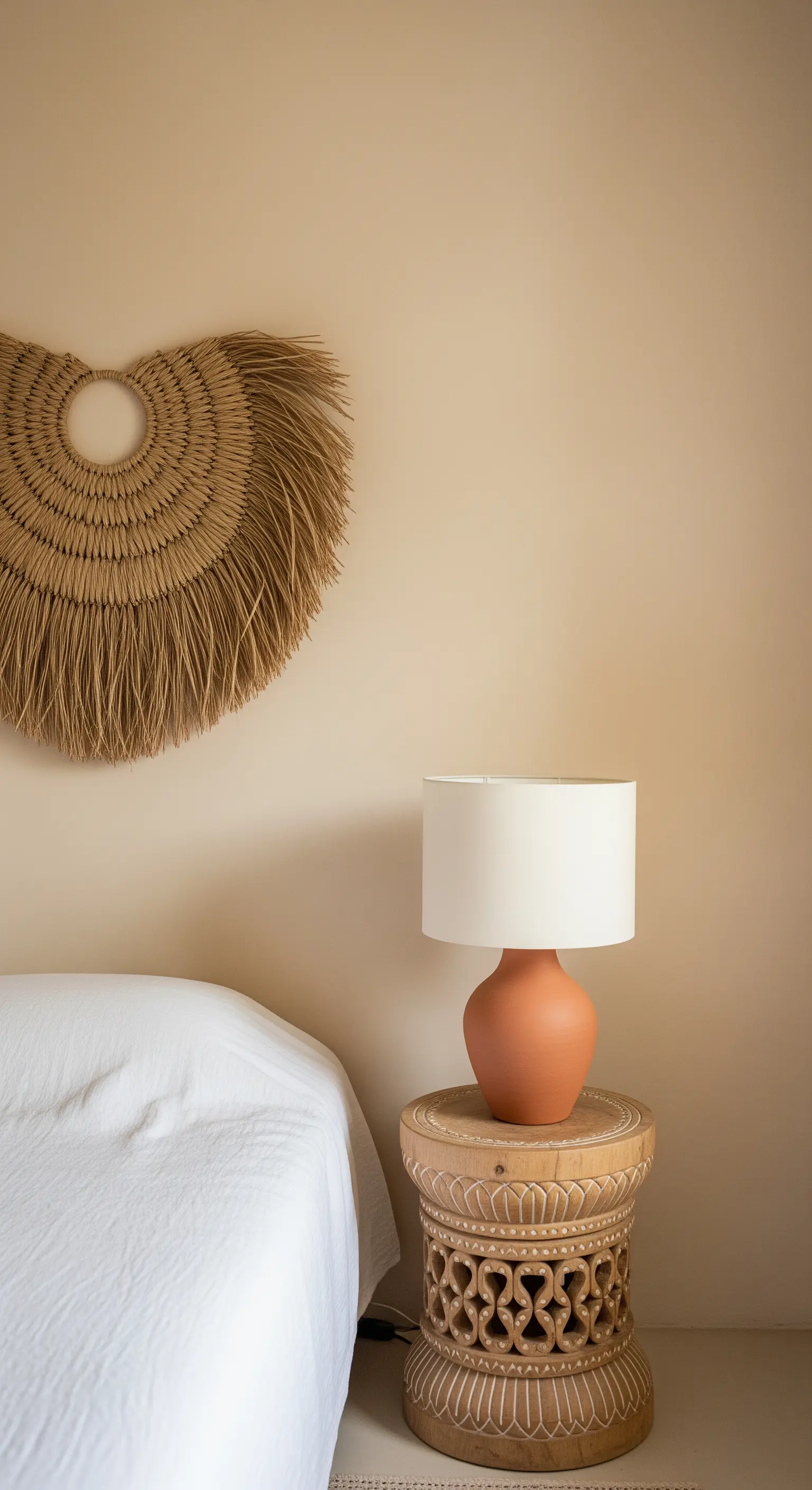 Dettaglio di un comodino in legno con lampada con base in terracotta e decorazione in rafia.