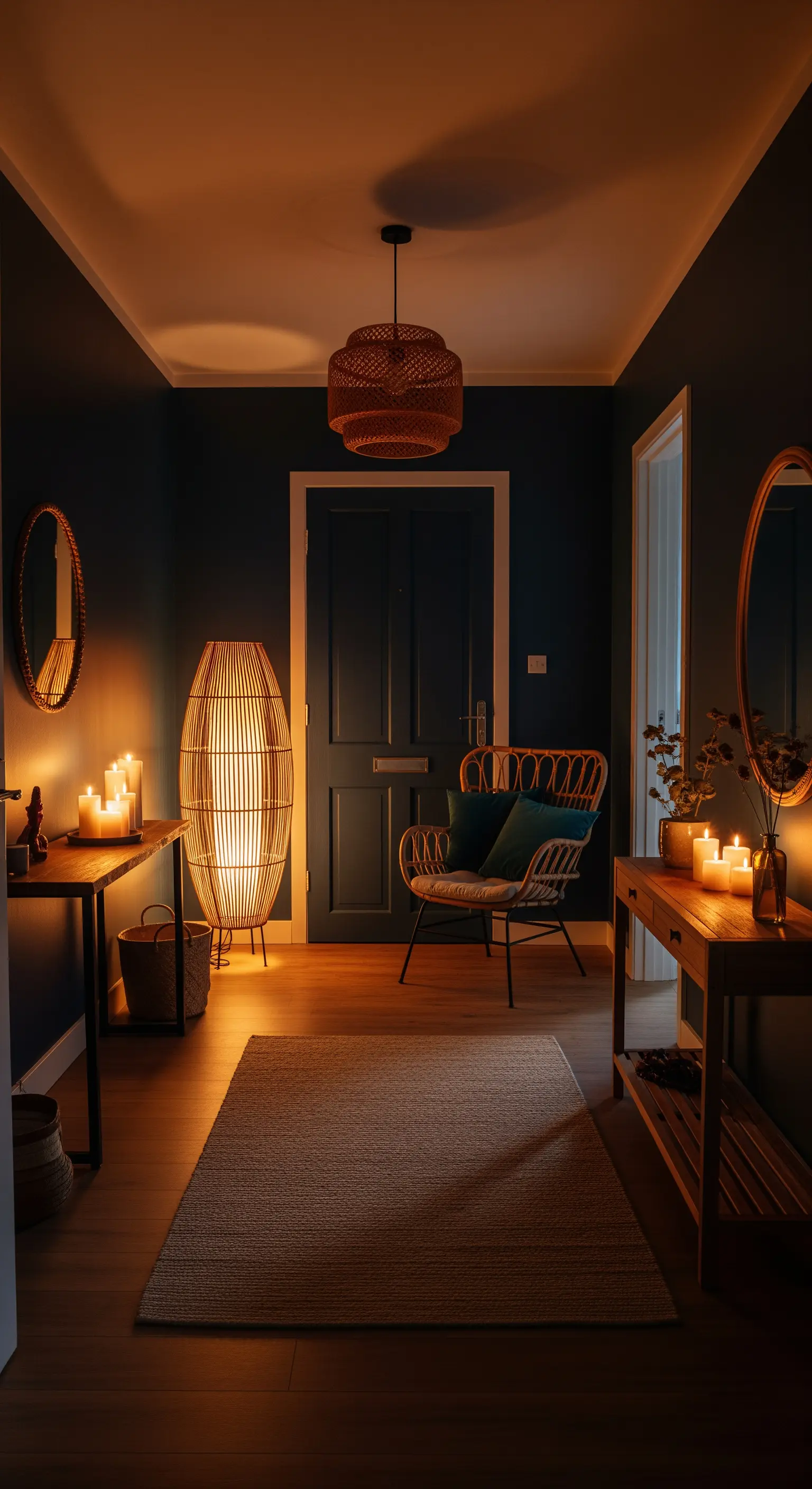 Ingresso scuro illuminato da lampade in rattan e numerose candele, creando un'atmosfera calda.