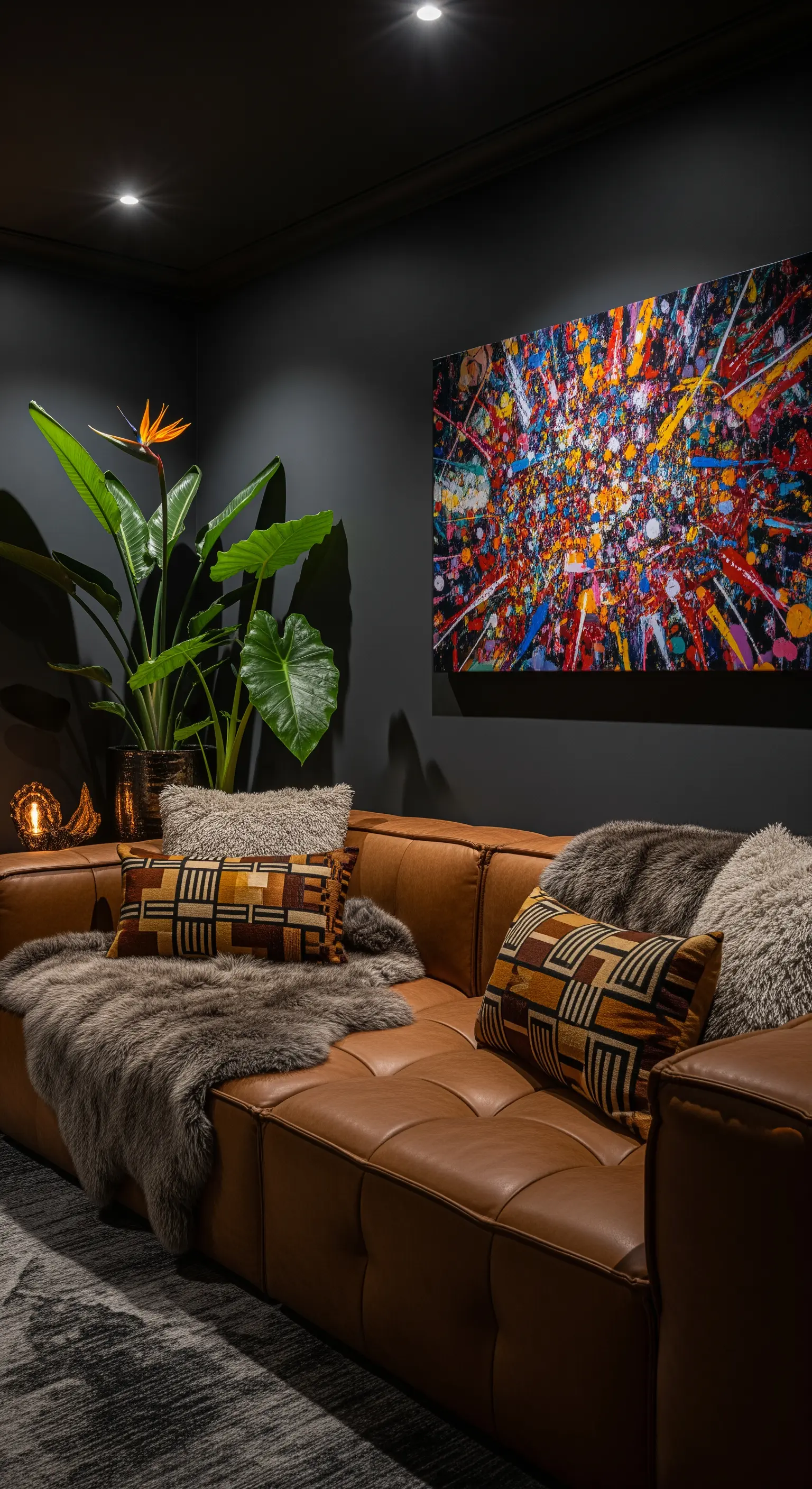 Salotto scuro con divano in pelle marrone, coperte di pelliccia e un'opera d'arte astratta e colorata.