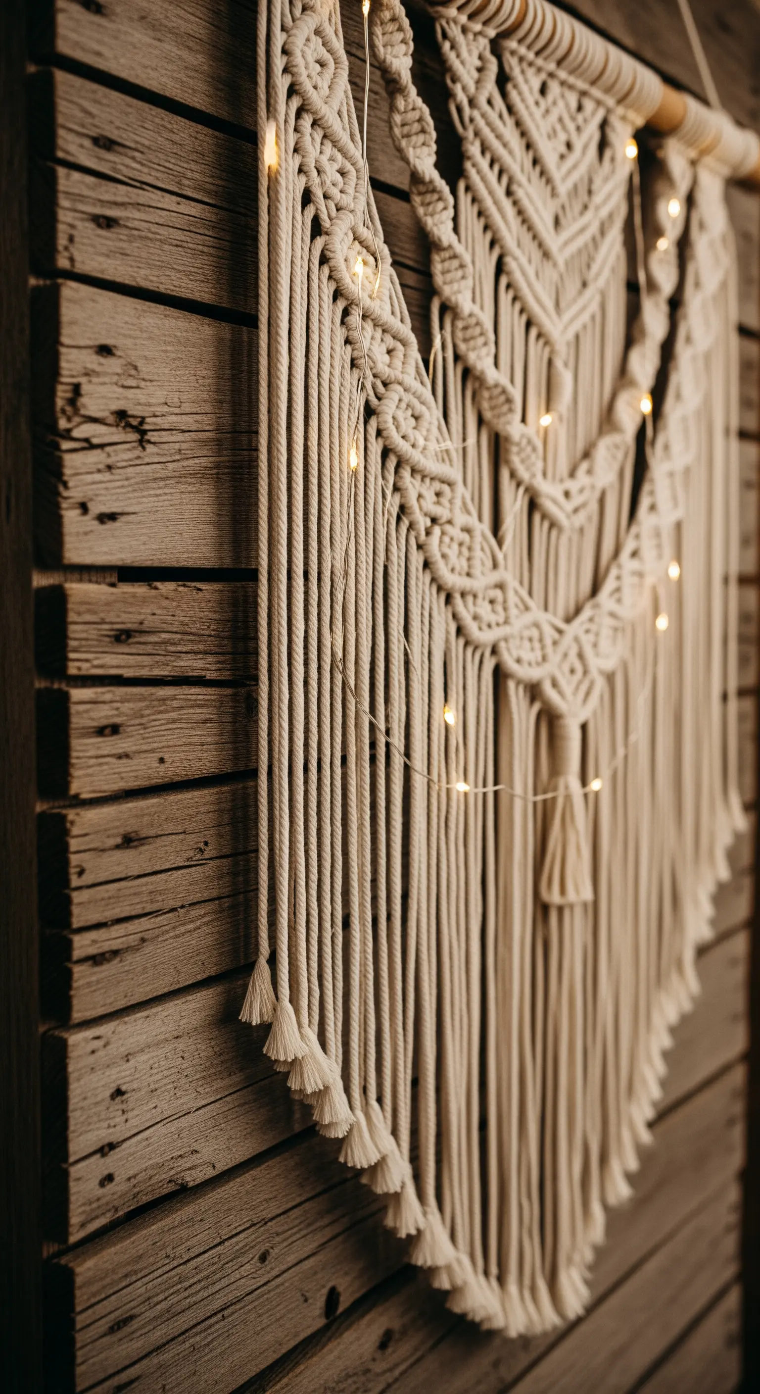 Dettaglio di un arazzo in macramè appeso a una parete di legno, con lucine integrate.