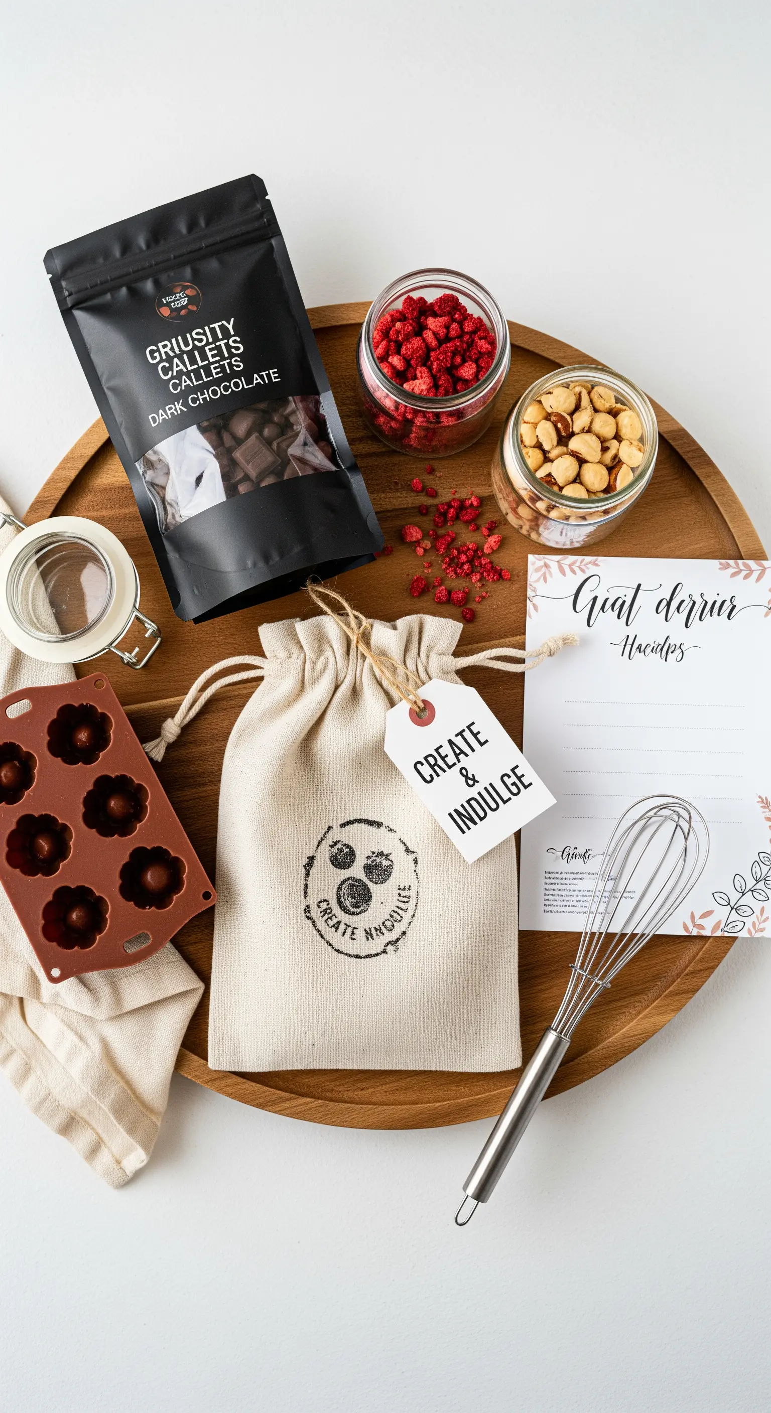 Kit fai-da-te per cioccolatini con ingredienti, stampo in silicone e sacchetto di lino.